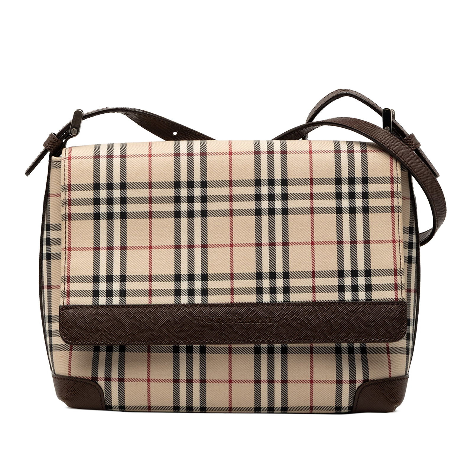 Burberry Beige House Check Canvas Leather Trim Crossbody Bag: Burberry Beige House Check Canvas Leather Trim Crossbody Bag This Burberry House Check Canvas Flap Crossbody features the iconic house check canvas exterior with leather trim, an adjustable flat leath