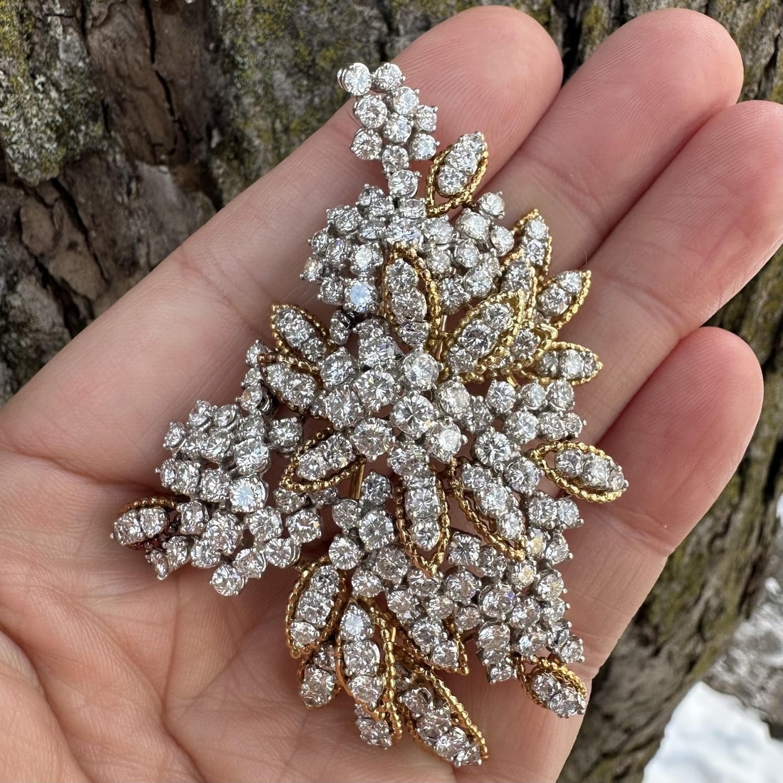 Large French Floral Brooch in Yellow Gold Platinum with 13ctw Natural Diamonds: Large French Floral Brooch in Yellow Gold Platinum with 13ctw Natural Diamonds This French vintage floral pin brooch features approximately 13 carats of fiery round brilliant-cut natural diamonds set 