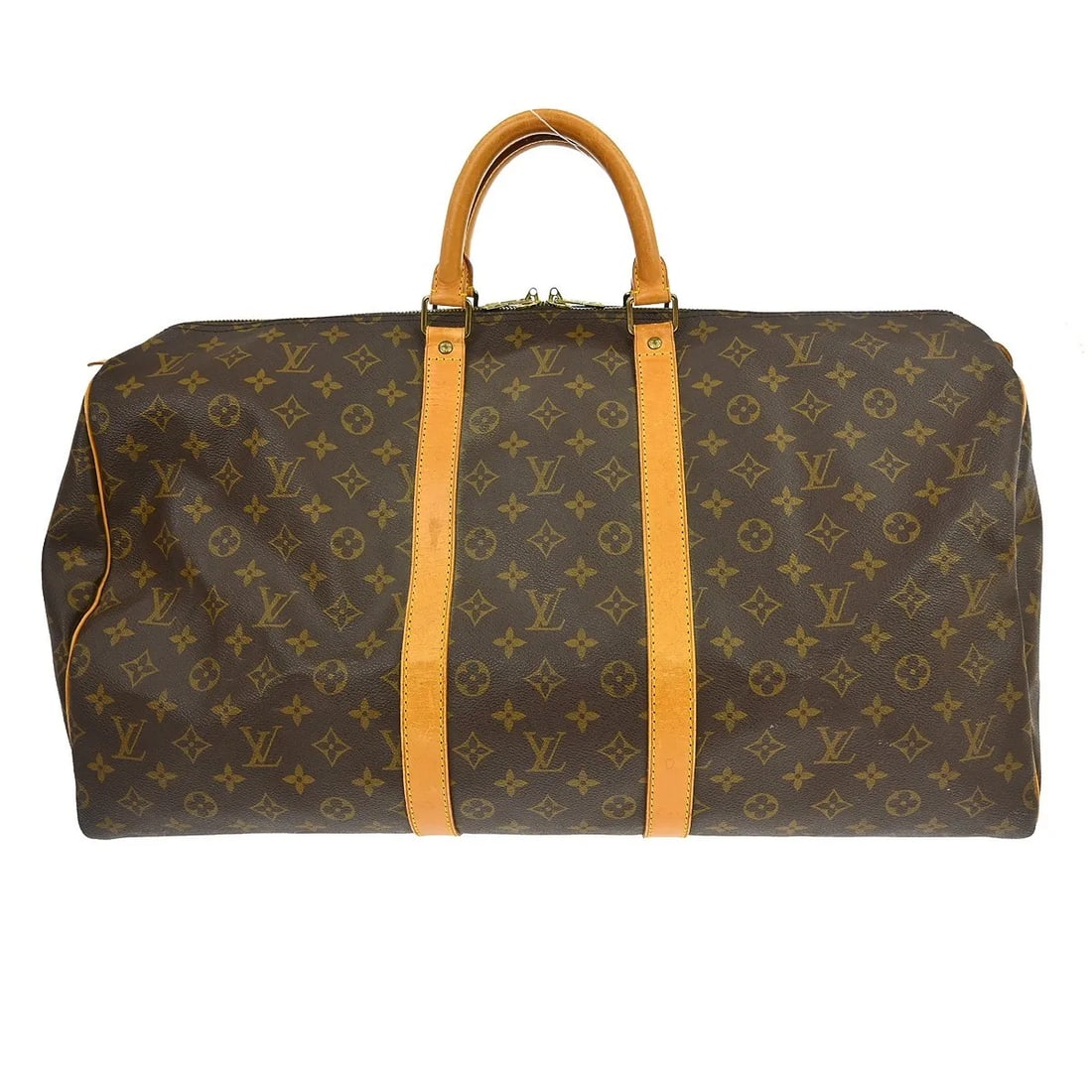 Louis Vuitton Keepall Unisex Brown Monogram Canvas Duffle Bag: Louis Vuitton Keepall Unisex Brown Monogram Canvas Duffle Bag Louis Vuitton Keepall in brown monogram canvas. This unisex bag is made in France and remains in good condition with visible wear. The ext