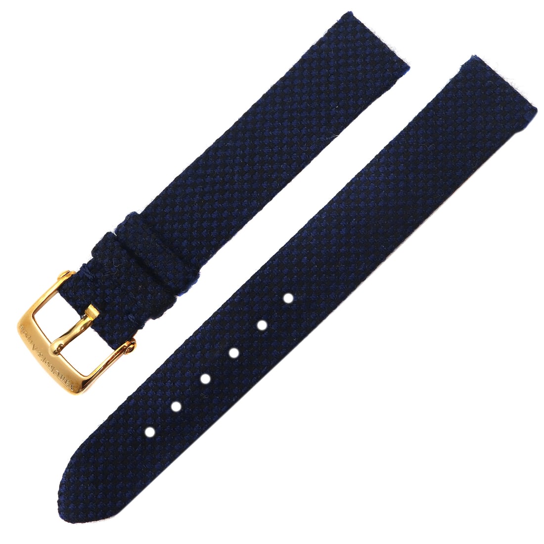 Van Cleef & Arpels 14mm Navy Fabric Watch Band with Gold Plated Buckle: Van Cleef & Arpels 14mm Navy Fabric Watch Band with Gold Plated Buckle Enhance your timepiece with this authentic Van Cleef & Arpels wristwatch band, designed specifically for ladies. This elegant
