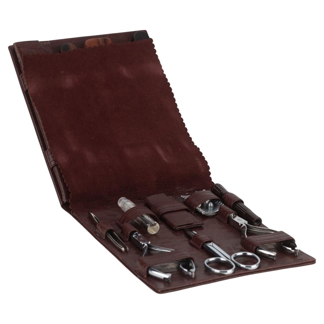 Hermes Rouge H Vintage Grooming Travel Set with Leather Case: Hermes Rouge H Vintage Grooming Travel Set with Leather Case This exquisite vintage grooming set from Hermes is a perfect blend of luxury and practicality, ideal for any discerning traveler. Crafted i