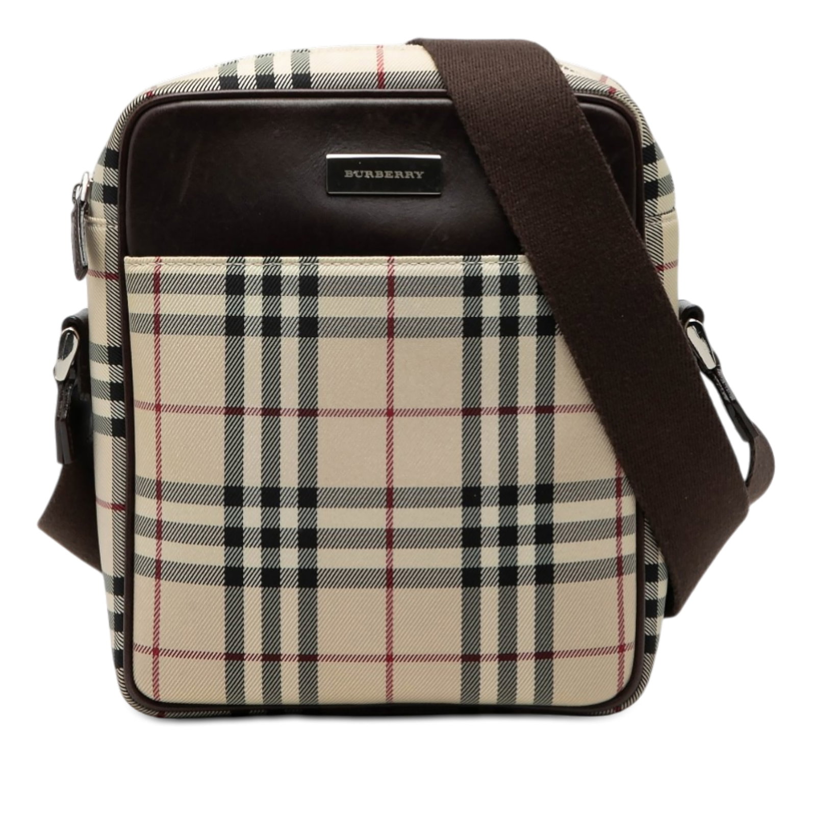 Burberry Beige Canvas Crossbody Bag with Leather Trim and House Check Pattern: Burberry Beige Canvas Crossbody Bag with Leather Trim and House Check Pattern This Burberry crossbody bag features the iconic house check canvas with leather trim, an adjustable flat canvas strap, a t