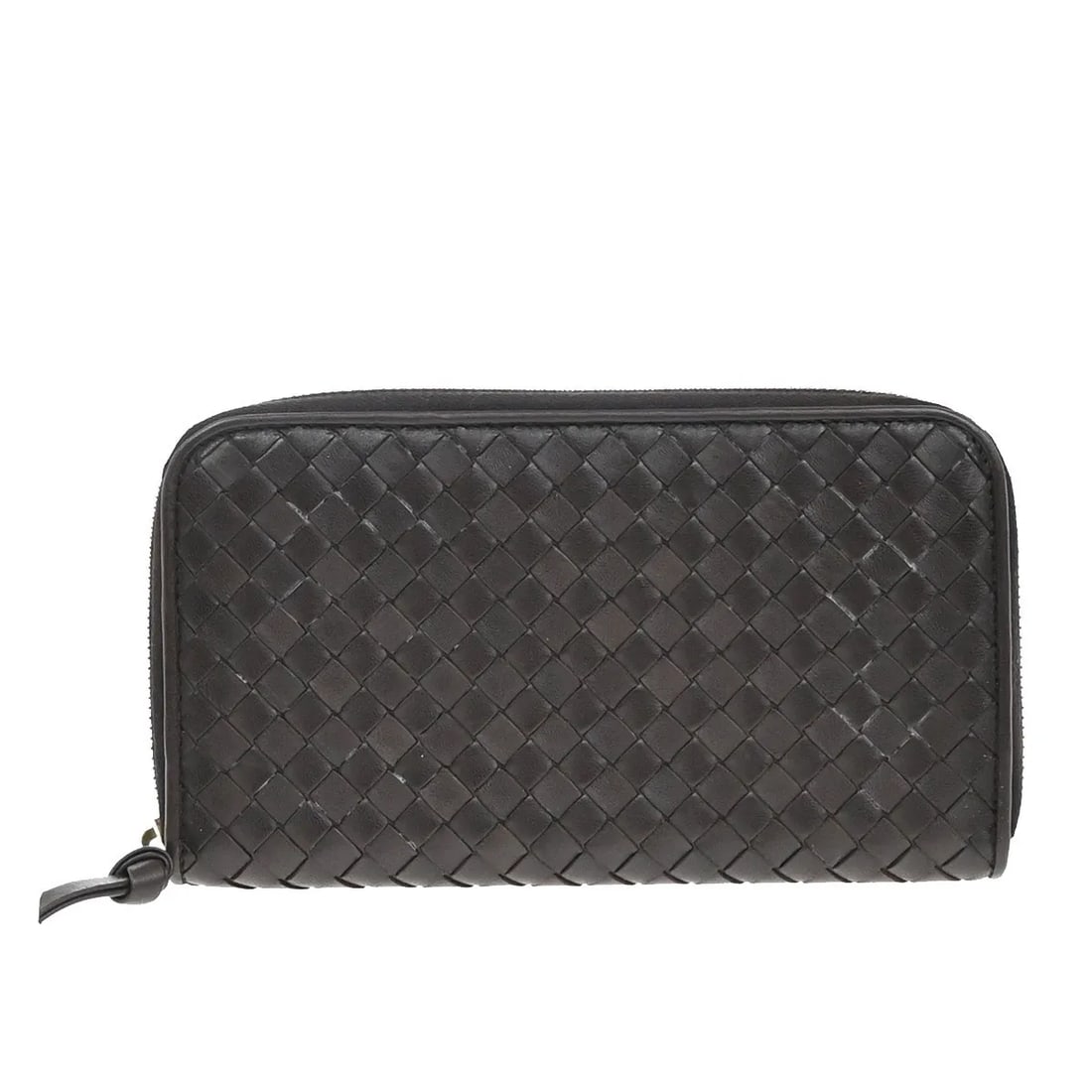 Brown Leather Intrecciato Long Zip Wallet by Bottega Veneta: Brown Leather Intrecciato Long Zip Wallet by Bottega Veneta This Bottega Veneta Intrecciato long zip wallet is crafted from brown leather and designed for women. Made in Italy, it features the brand's