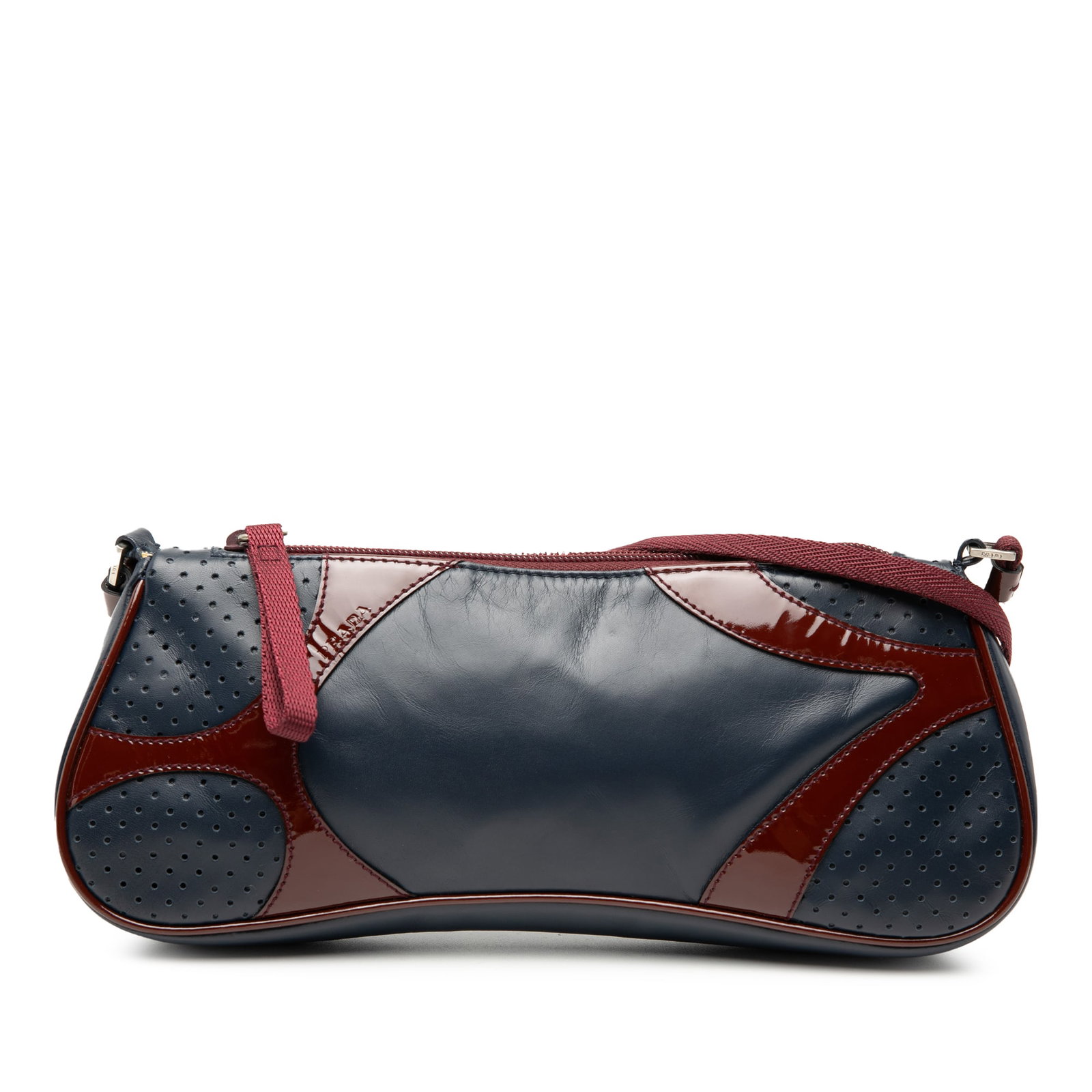 Prada Vitello Drive Blue Leather Crossbody Bag with Patent Accents: Prada Vitello Drive Blue Leather Crossbody Bag with Patent Accents This Prada crossbody bag features a leather body with patent leather trim, a flat nylon strap, a top zip closure, and an interior zip
