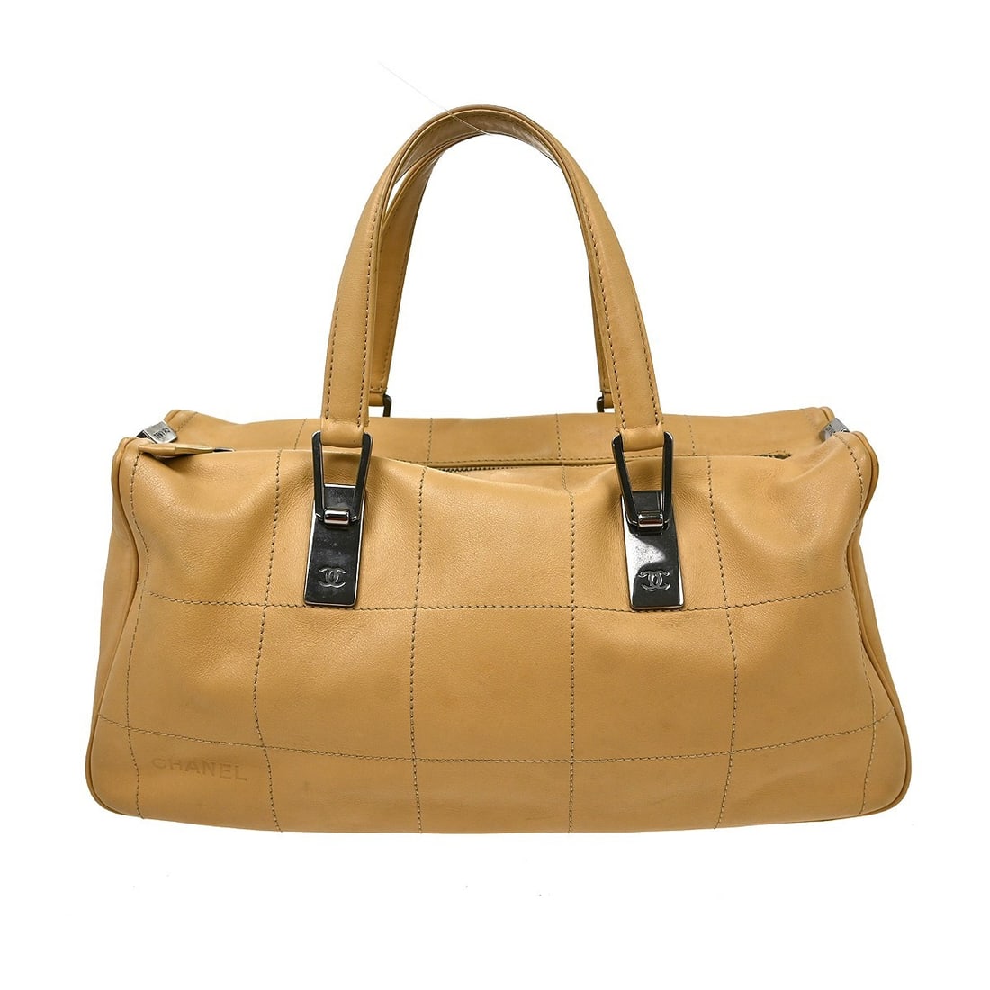 CHANEL Choco Bar Beige Lambskin Top Handle Bag: CHANEL Choco Bar Beige Lambskin Top Handle Bag Chanel Choco Bar handbag in beige lambskin leather with double handles and a beige canvas lining. This medium top handle bag features one interior zipper