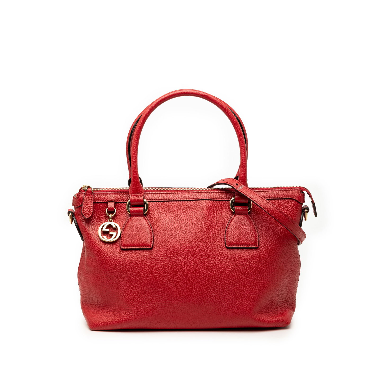 Gucci red leather satchel Dollar Calfskin GG Charm: Gucci red leather satchel Dollar Calfskin GG Charm This Gucci Dollar Calfskin GG Charm Satchel is crafted from red leather and features rolled leather handles, a detachable flat leather shoulder strap