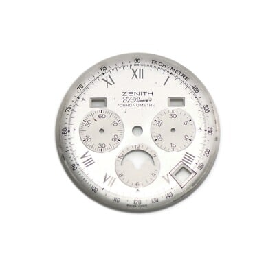31.4mm Zenith Chronomaster watch dial silver: 31.4mm Zenith Chronomaster watch dial silver Pre-owned Zenith Chronomaster watch dial with a silver-tone face and Chronomaster design. The original description states it is 100% authentic.