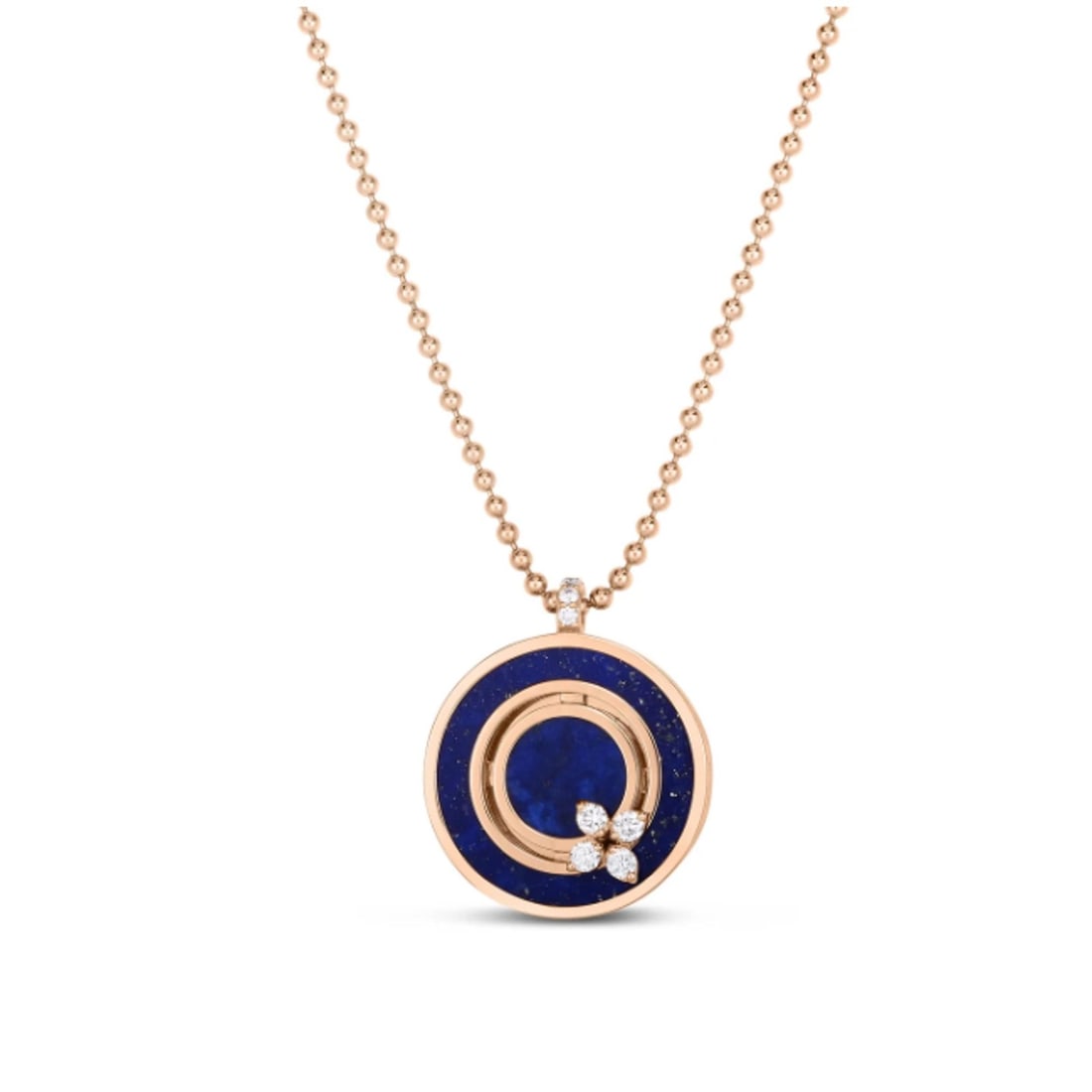 Roberto Coin Verona Lapis Pendant Necklace 18K Rose Gold 0.25 Ctw: Roberto Coin Verona Lapis Pendant Necklace 18K Rose Gold 0.25 Ctw This Roberto Coin Love in Verona pendant necklace is crafted from 18k rose gold and features a circular pendant adorned with blue lapi