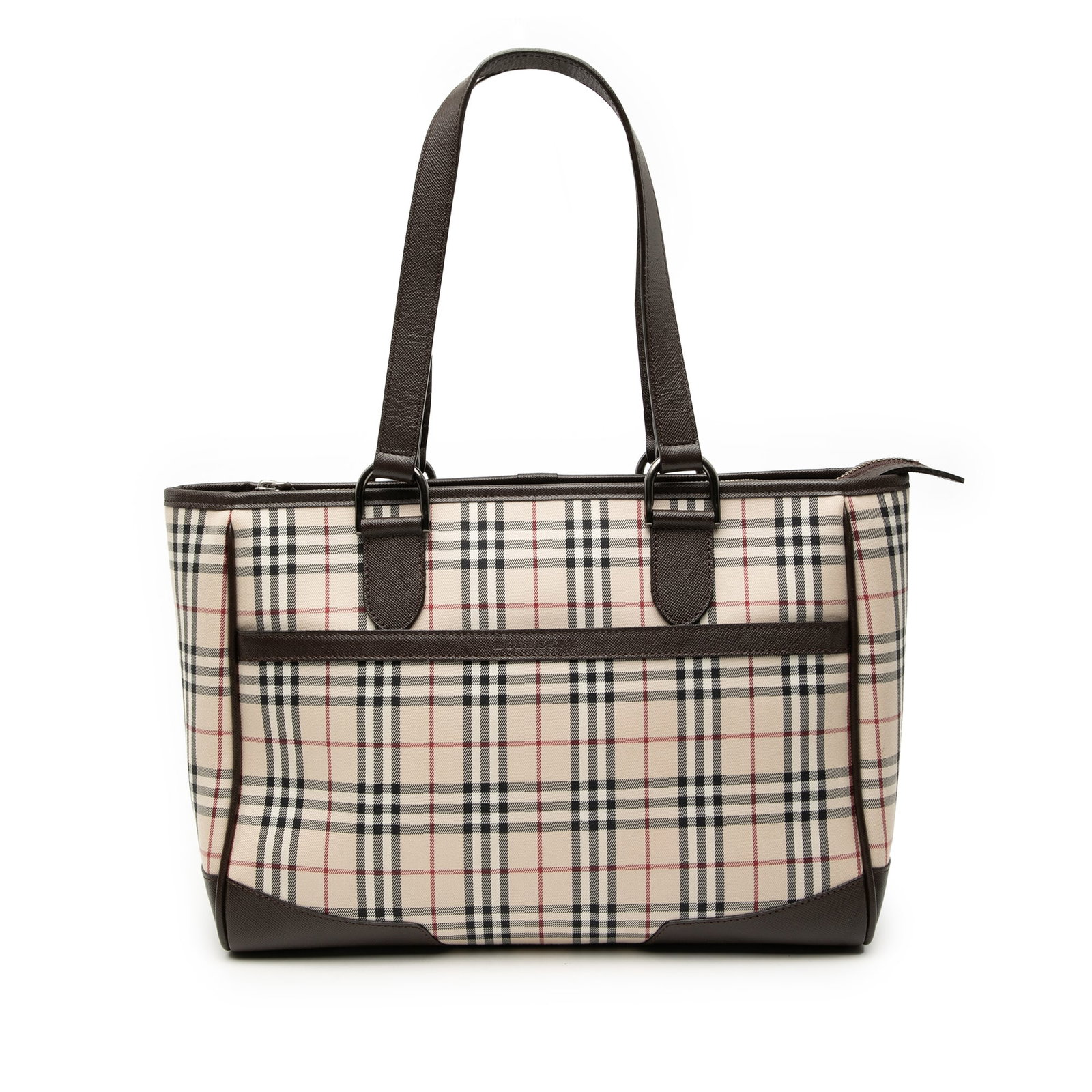 Burberry House Check canvas tote bag: Burberry House Check canvas tote bag This Burberry House Check Canvas Tote features the brand's signature canvas body accented with leather trim and flat leather handles. The bag is designed with a to