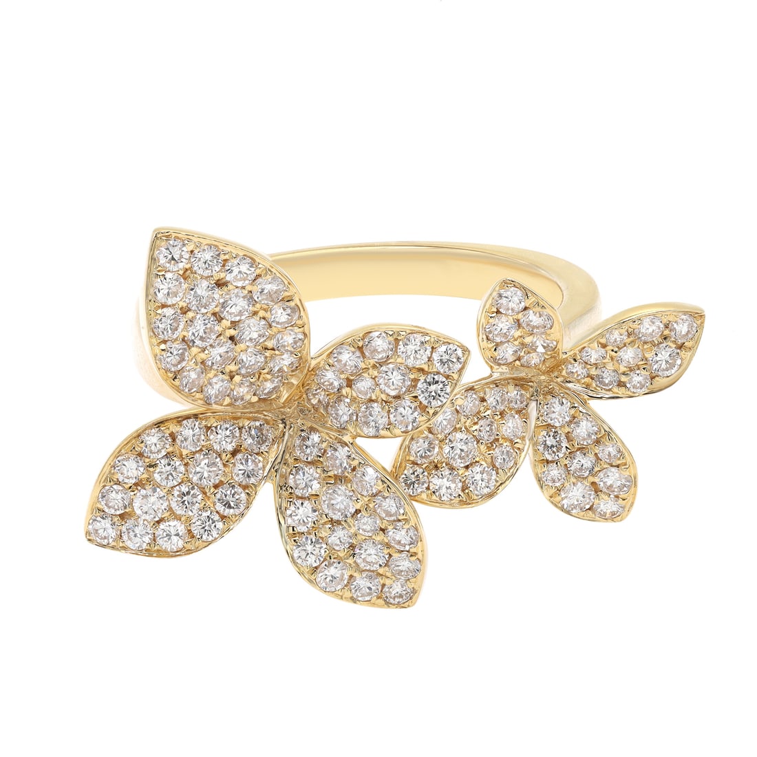 Rachel Koen 18K Yellow Gold Diamond Double Flower Ring 0.98Ctw Size 6.5: Rachel Koen 18K Yellow Gold Diamond Double Flower Ring 0.98Ctw Size 6.5 This exquisite double flower cocktail ring by Rachel Koen is crafted from 18K yellow gold and features two elegantly designed fl