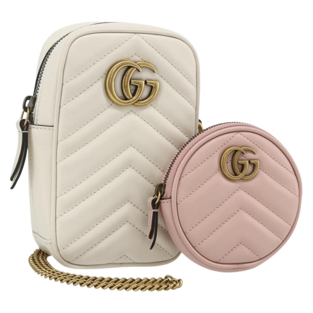 GUCCI 699759 leather shoulder bag pink white with gold tone chain: GUCCI 699759 leather shoulder bag pink white with gold tone chain Gucci Marmont chain shoulder bag in pink, gold, and white leather. This women's shoulder bag includes a dust bag, item box, and pouch.