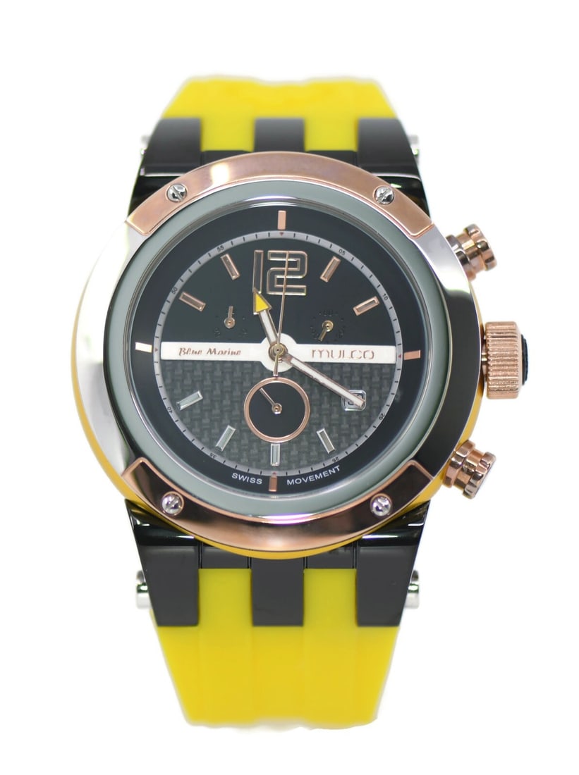 Mulco Nuit Two Tone Stainless Steel Watch MW51621095 with Box and Papers: Mulco Nuit Two Tone Stainless Steel Watch MW51621095 with Box and Papers The Mulco Blue Marine Two Tone Stainless Steel Watch (Model: MW51621095) features a striking black dial complemented by a yello