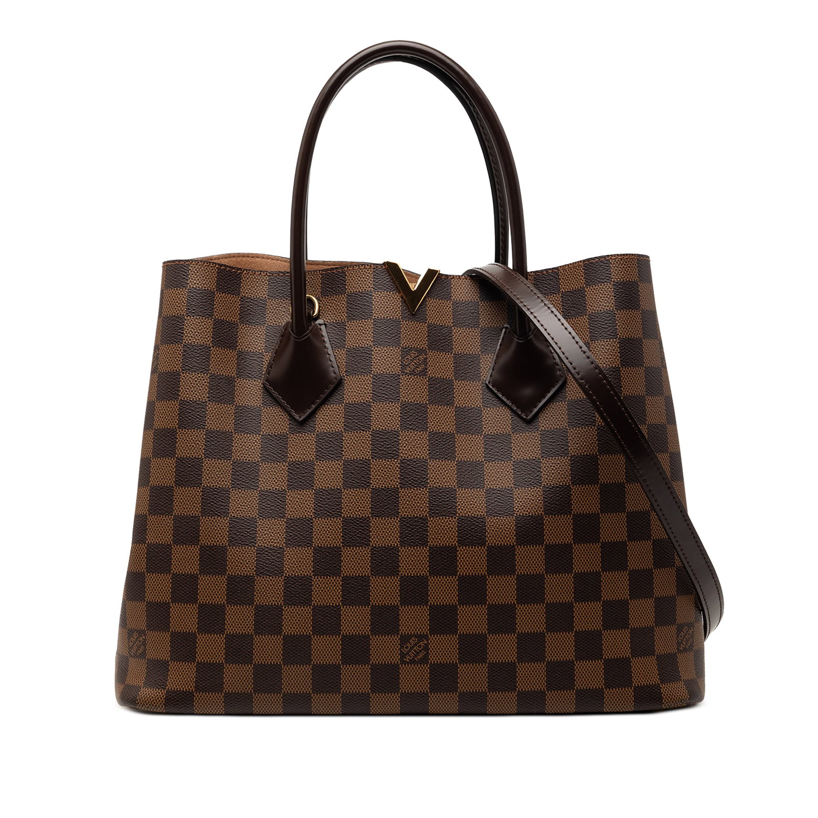 Damier Ebene Kensington Tote by Louis Vuitton with Removable Strap: Damier Ebene Kensington Tote by Louis Vuitton with Removable Strap The Louis Vuitton Damier Ebene Kensington features a damier canvas exterior with rolled leather handles, a detachable flat leather st