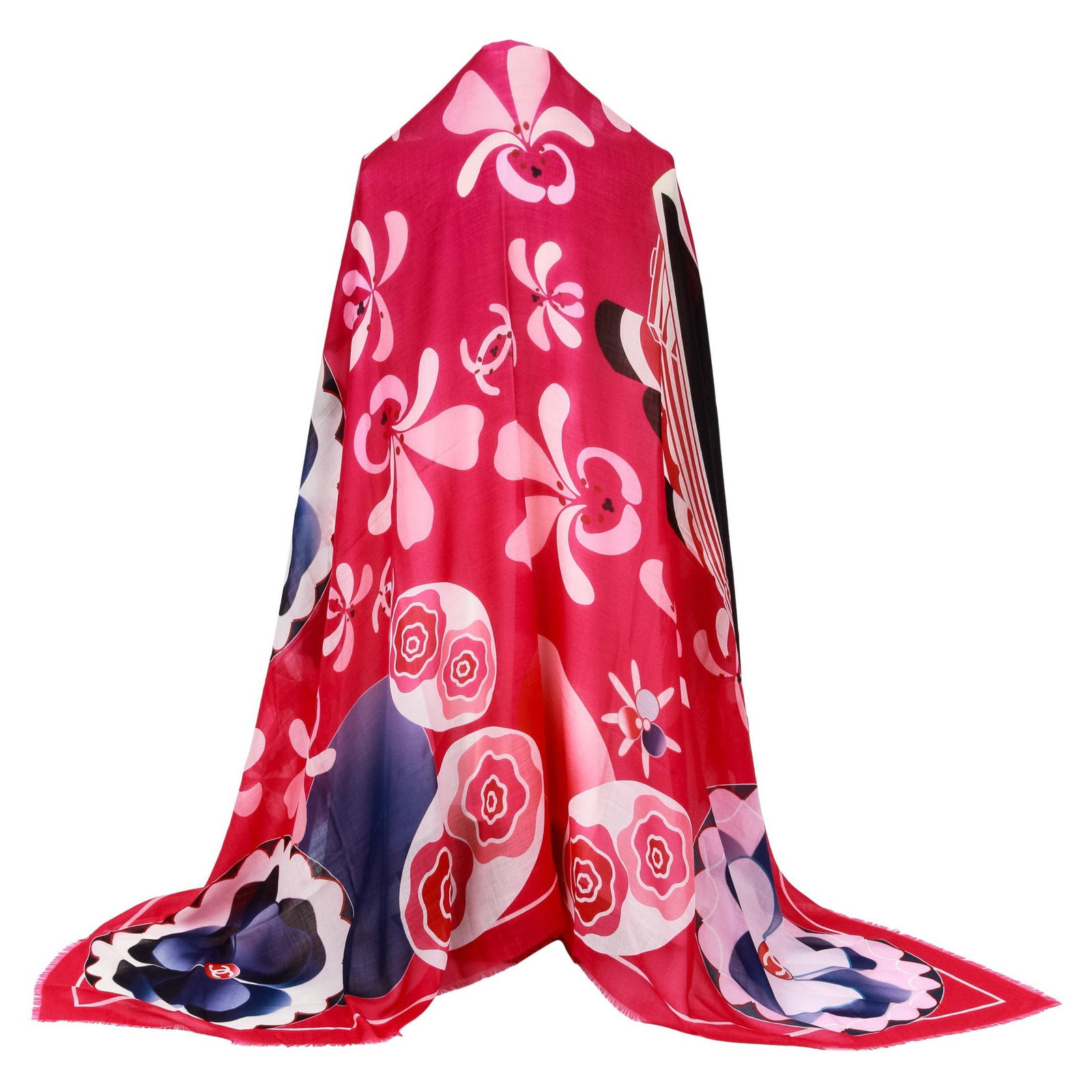 Chanel Red Floral Graphic Cashmere Shawl 54 Inch Made in Italy: Chanel Red Floral Graphic Cashmere Shawl 54 Inch Made in Italy Elevate your accessory collection with this exquisite Chanel Floral Graphic Cashmere Shawl. This stunning piece features a vibrant red ba