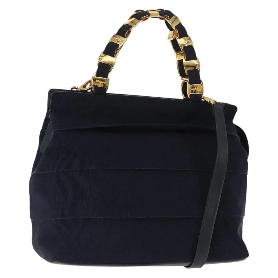 Salvatore Ferragamo Vala Navy Canvas Handbag Made in Italy: Salvatore Ferragamo Vala Navy Canvas Handbag Made in Italy This pre-owned Salvatore Ferragamo Vala handbag is crafted from navy canvas and designed for women. It features leather trim and metal fittin