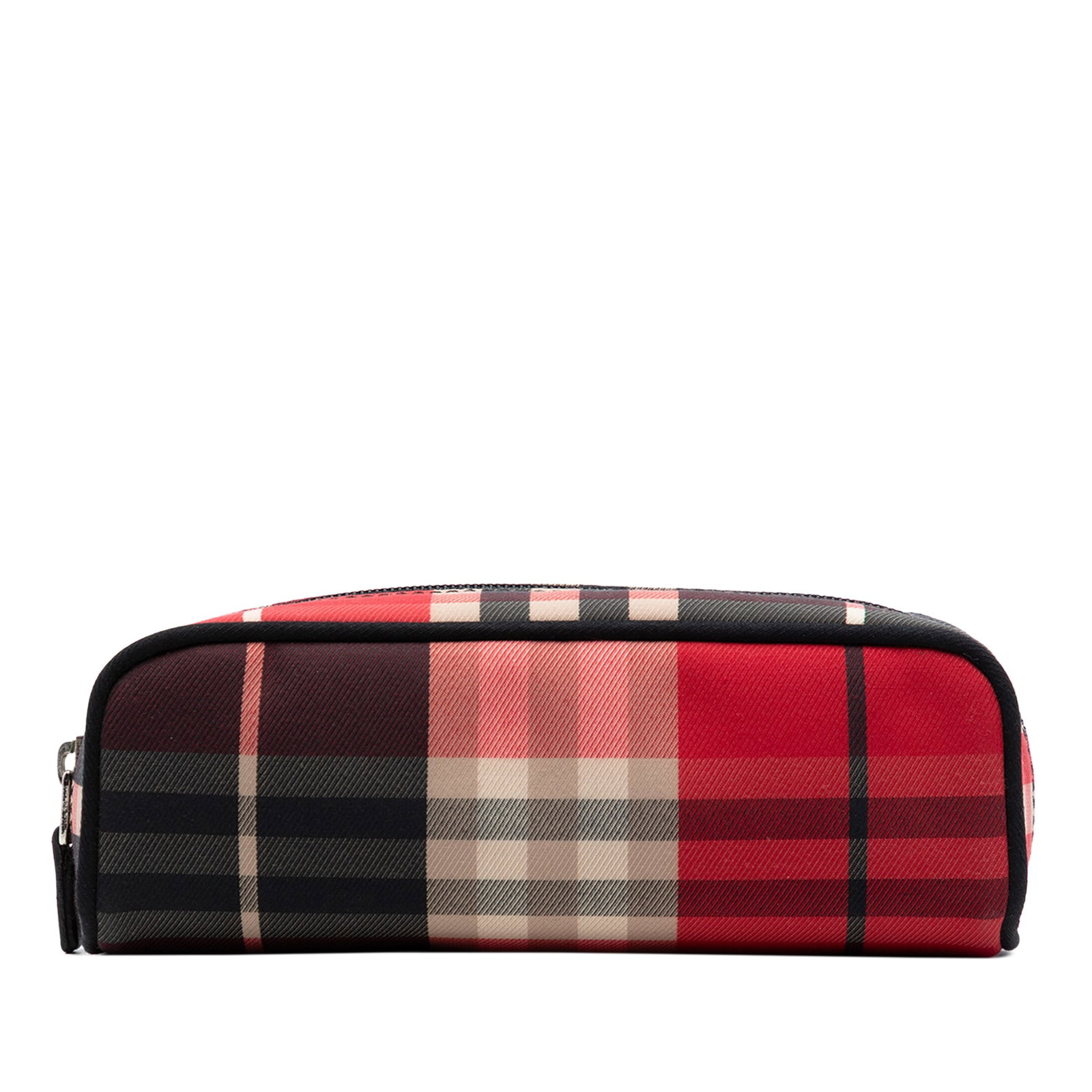 Burberry red canvas zip pouch Exploded Check: Burberry red canvas zip pouch Exploded Check This Burberry Exploded Check Canvas Pouch features a fabric body in a red color with Burberry's iconic check pattern and a top zip closure. The pouch is ma