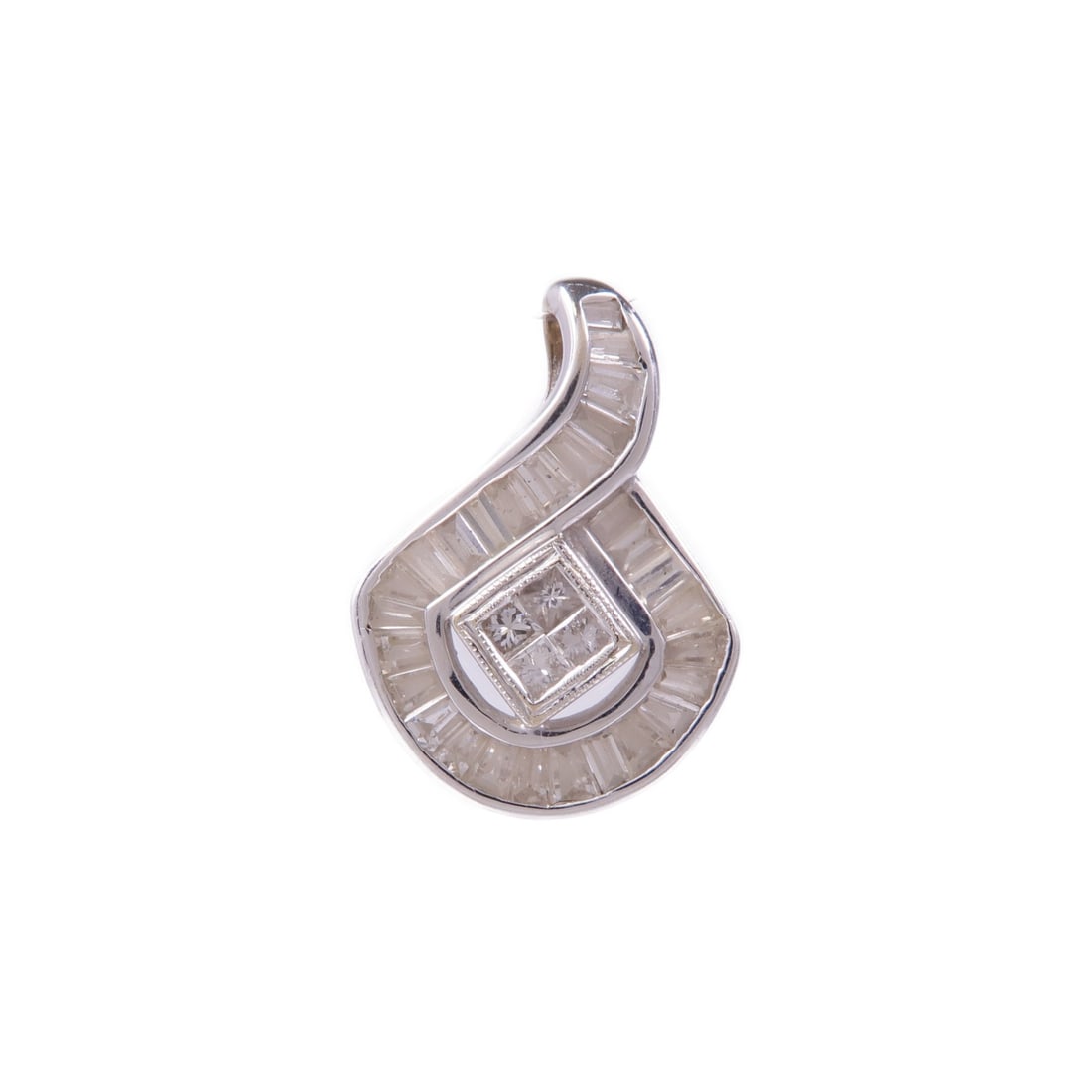 Diamond Pendant in 18K White Gold: Diamond Pendant in 18K White Gold This exquisite pendant top is crafted from K18 white gold, showcasing a stunning diamond as its main stone. Its elegant design makes it a perfect accessory for any oc