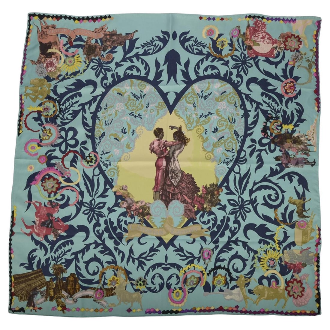 Christian Lacroix Square Silk Scarf with Beaded Heart and Floral Motif: Christian Lacroix Square Silk Scarf with Beaded Heart and Floral Motif This Christian Lacroix square silk scarf showcases a distinctive heart and floral pattern, accentuated by intricate hand beaded d
