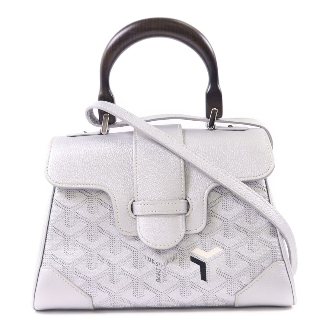 Goyard Saigon Mini Calfskin Silver Two Way Shoulder Bag: Goyard Saigon Mini Calfskin Silver Two Way Shoulder Bag This Goyard Saigon Mini 2-way shoulder bag features a sophisticated design crafted from calfskin leather with wood accents and a silver exterior