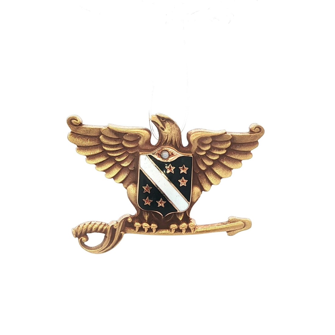 Antique Art Nouveau 10k Gold Eagle Brooch with Pearl Detail: Antique Art Nouveau 10k Gold Eagle Brooch with Pearl Detail This exquisite Antique Art Nouveau brooch showcases a highly detailed eagle gripping a sword, intricately designed in 10k solid yellow gold.
