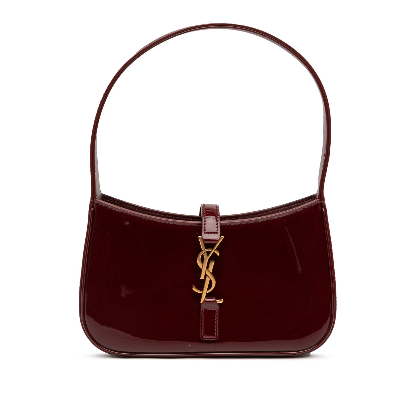 Saint Laurent Red Patent Mini Le 5 a 7 Shoulder Bag: Saint Laurent Red Patent Mini Le 5 a 7 Shoulder Bag This Saint Laurent Mini Patent Le 5 a 7 bag features a striking red patent leather body, a flat leather shoulder strap, a front pull-through closure