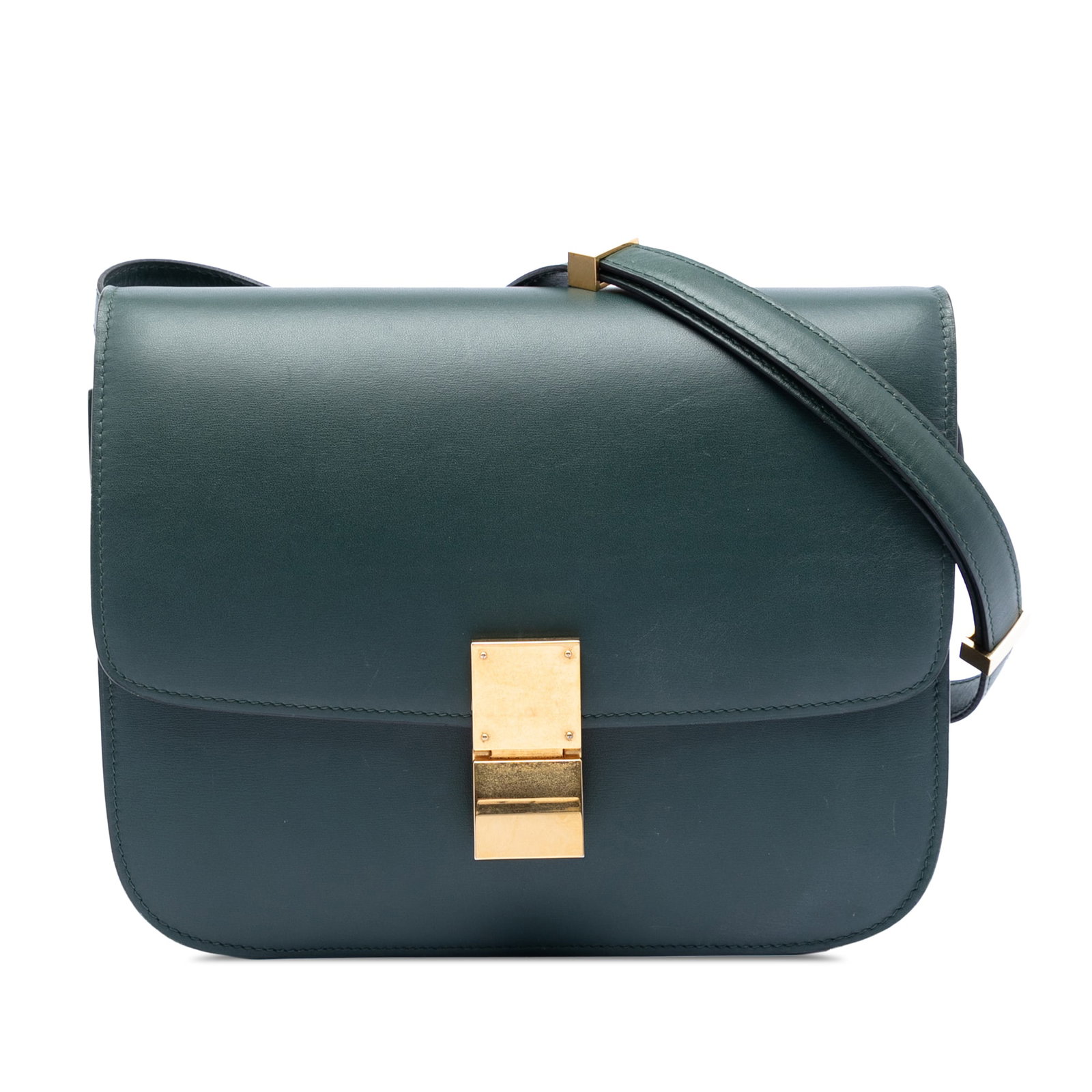 Celine Classic Box Medium Green Leather Crossbody Bag: Celine Classic Box Medium Green Leather Crossbody Bag Celine Medium Calfskin Classic Box crossbody bag in green leather. This bag features a detachable flat strap, a front flap with a metal clasp clos