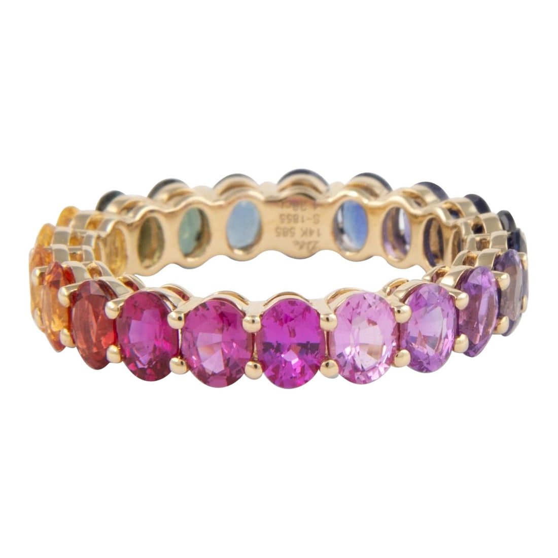 4.38ct Rainbow Sapphire Eternity Band 14k Yellow Gold: 4.38ct Rainbow Sapphire Eternity Band 14k Yellow Gold This stunning 4.38ct Rainbow Sapphire Eternity Band is crafted in 14k yellow gold and features a contemporary design. The band showcases 21 oval c