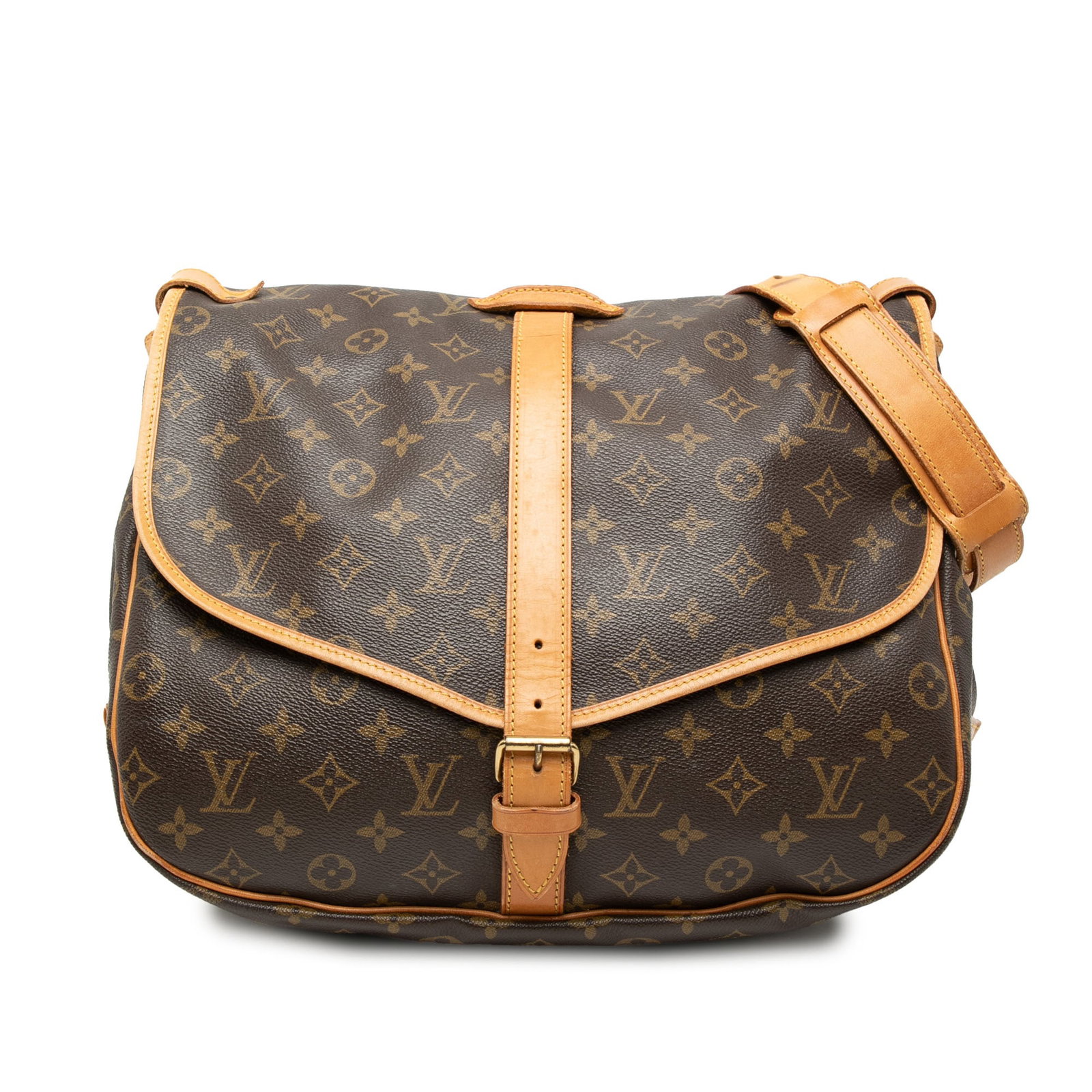 Louis Vuitton Saumur 35 Shoulder Bag Monogram Canvas Brown France: Louis Vuitton Saumur 35 Shoulder Bag Monogram Canvas Brown France The Louis Vuitton Monogram Saumur 35 features the signature monogram canvas body, complemented by flat leather straps and belt buckle 
