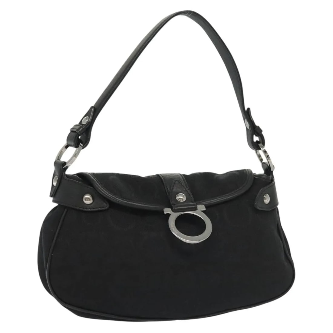 Black Canvas Handbag Salvatore Ferragamo Gancini Italy: Black Canvas Handbag Salvatore Ferragamo Gancini Italy This Salvatore Ferragamo Gancini handbag for women features a black canvas exterior with metal fittings. The bag measures 26cm x 13cm x 6cm and i