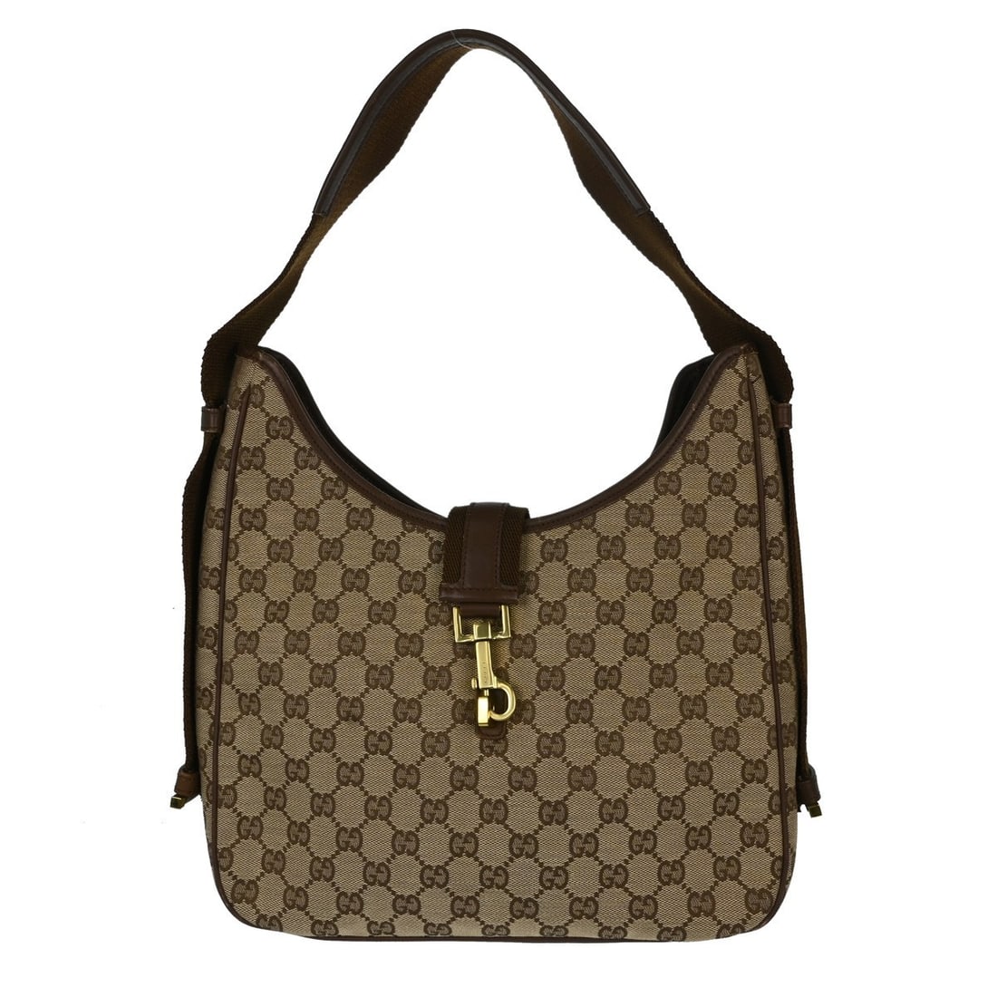 Gucci Jackie Medium GG Canvas and Leather Shoulder Bag Brown Beige: Gucci Jackie Medium GG Canvas and Leather Shoulder Bag Brown Beige Vintage Gucci Jackie shoulder bag in GG canvas with leather trim and a buckle accent. This medium women's bag features a brown and be