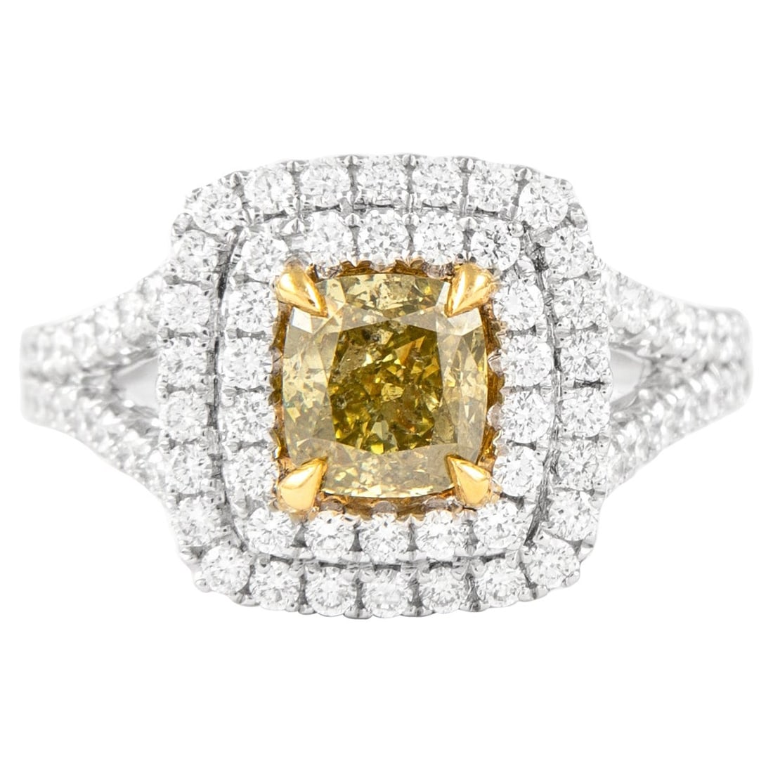 GIA Fancy Deep Yellow Diamond Double Halo Ring 1.04ct 18k Gold: GIA Fancy Deep Yellow Diamond Double Halo Ring 1.04ct 18k Gold This exquisite GIA certified Fancy Deep Yellow Diamond Double Halo Ring is a true statement piece. Crafted in a luxurious two-tone design