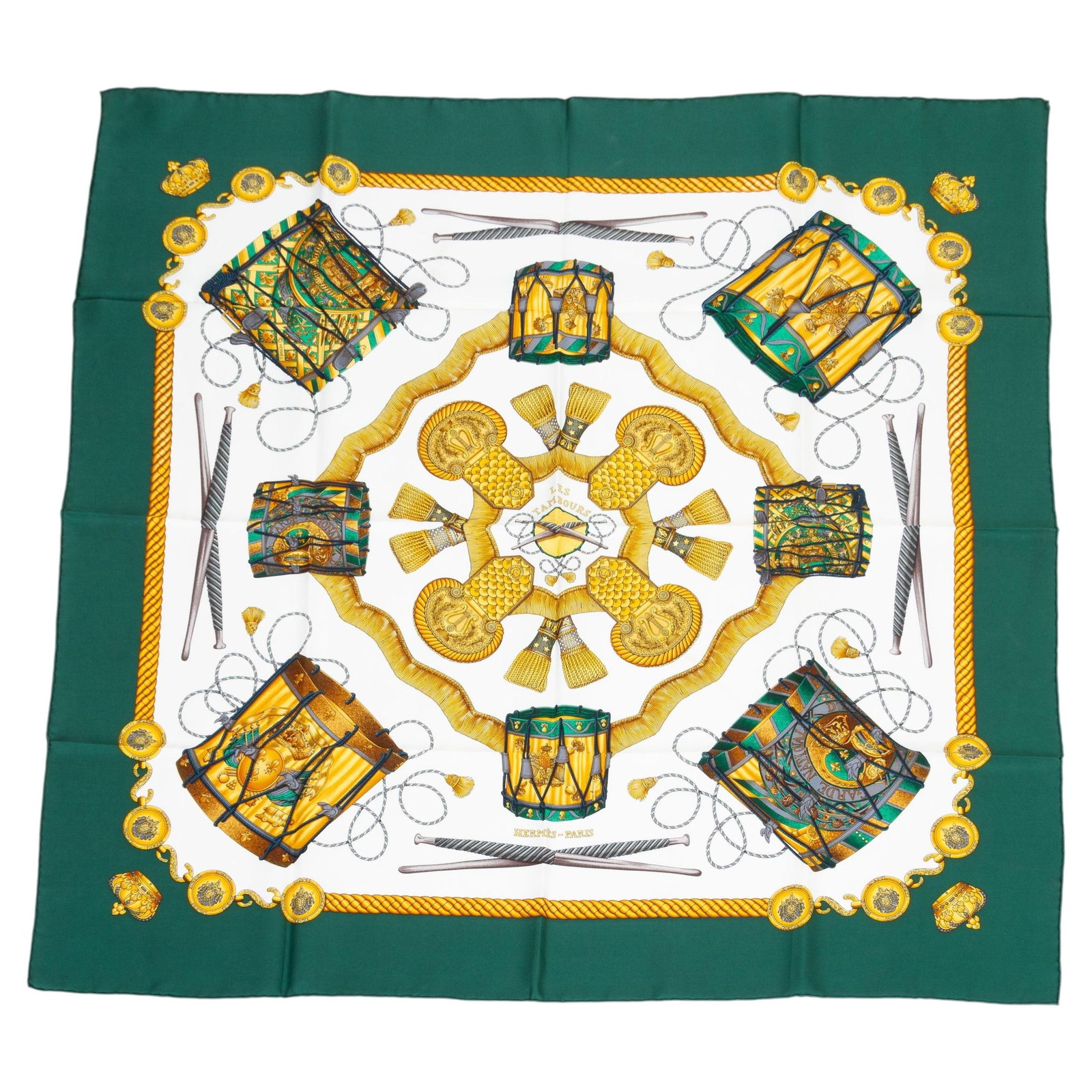 Green Les Tambours silk scarf by Hermes designed by Joachim Metz: Green Les Tambours silk scarf by Hermes designed by Joachim Metz This vintage Hermes "Les Tambours" silk scarf features a striking design by Joachim Metz from 1989. Crafted in France from 100% silk, i