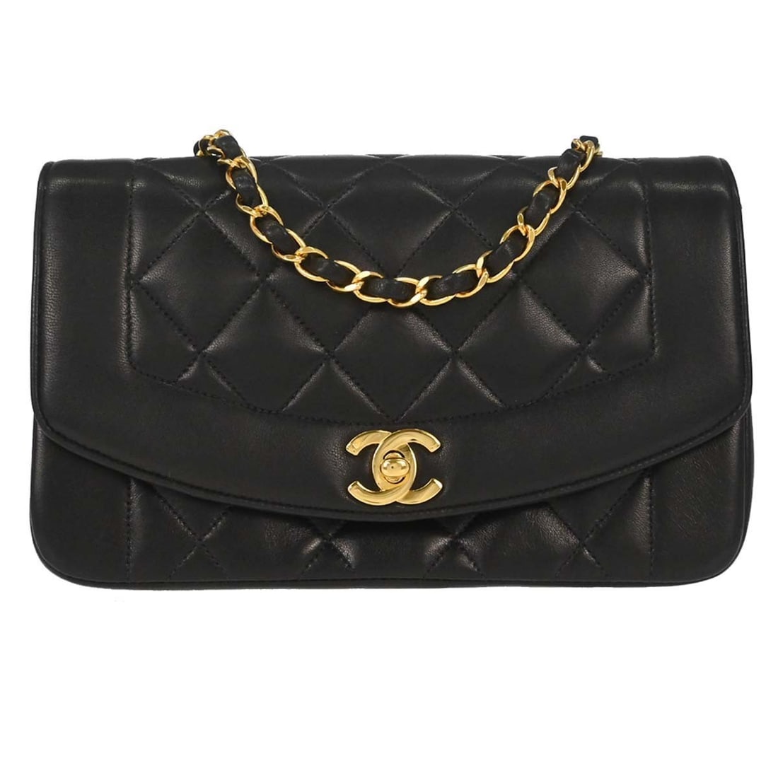 CHANEL Diana Small Black Lambskin Shoulder Bag: CHANEL Diana Small Black Lambskin Shoulder Bag Chanel Small Diana shoulder bag in black lambskin with a shoulder strap and canvas lining. This women's bag features interior pockets and comes with a se
