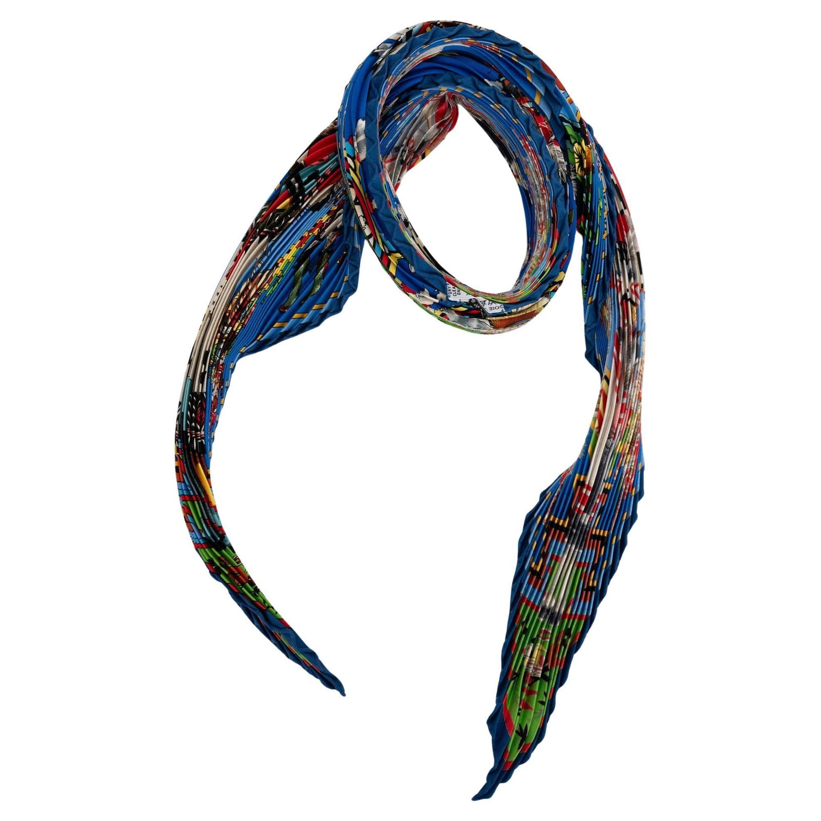 Hermes Kachinas Silk Pleated Scarf by Kermit Oliver Turquoise Blue 35in (1 of 5)