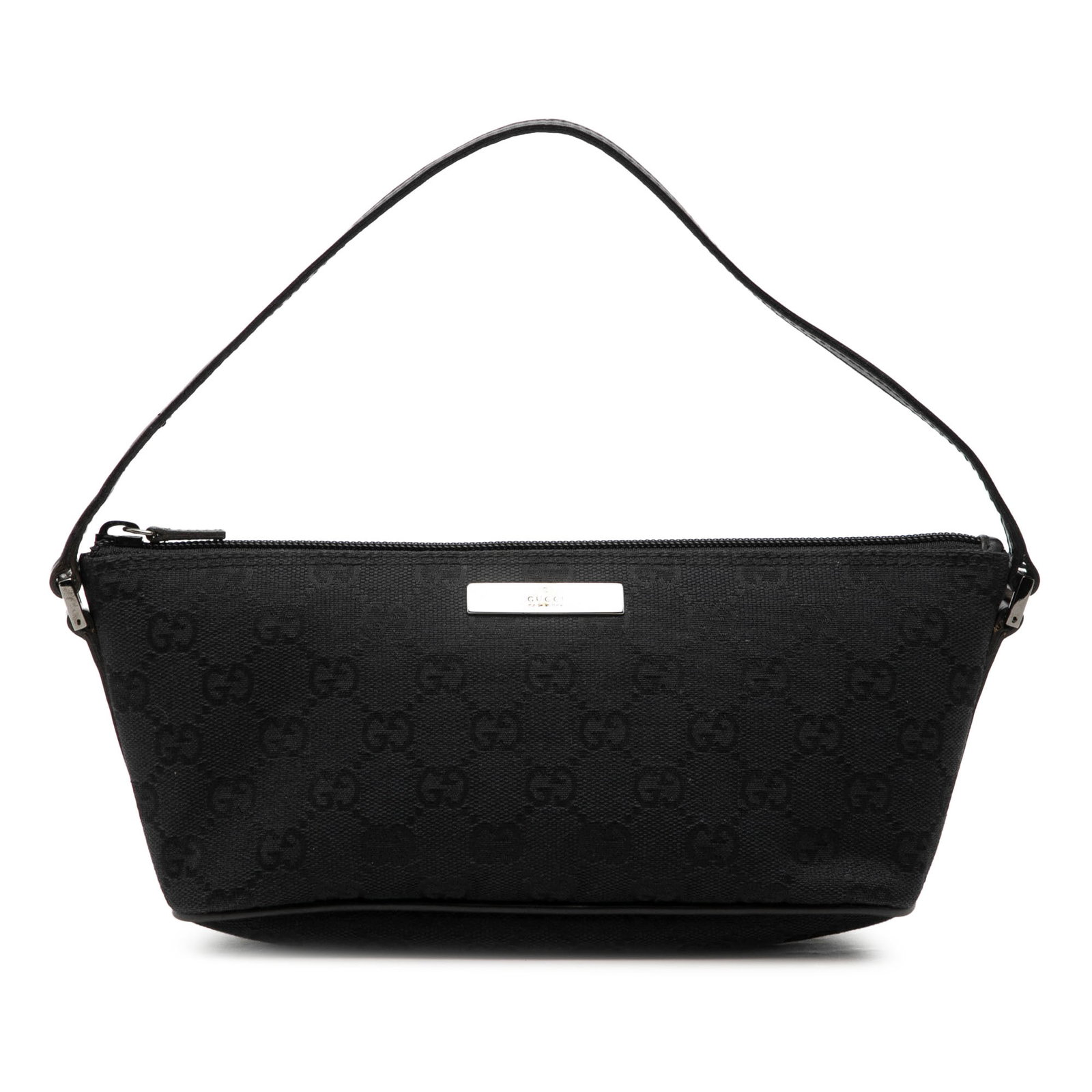 Gucci GG Canvas Boat shoulder bag in black canvas: Gucci GG Canvas Boat shoulder bag in black canvas Gucci GG Canvas Boat shoulder bag in black canvas with leather trim. This bag features a flat leather strap and a top zip closure. Condition notes inc