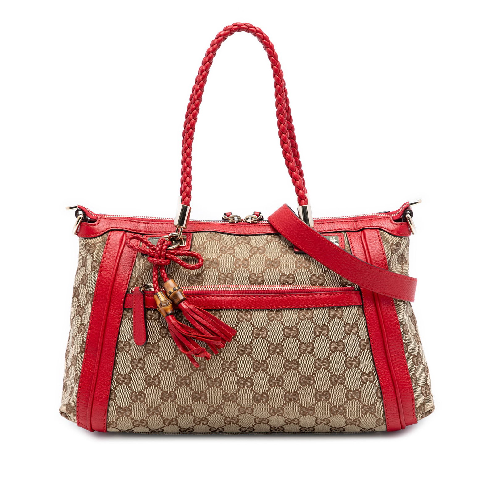 Gucci Bella satchel GG canvas leather trim: Gucci Bella satchel GG canvas leather trim This Gucci GG Canvas Bella Satchel features a beige canvas body with leather trim, accented by a tassel and braided leather handles. It includes a detachable