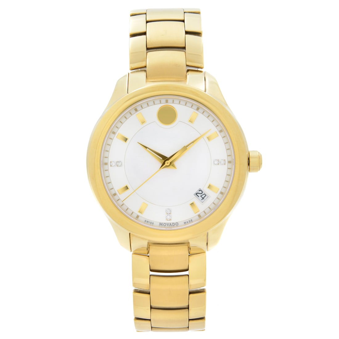 Movado Bellina Quartz Ladies Watch 0606980 Gold PVD Mother of Pearl Dial: Movado Bellina Quartz Ladies Watch 0606980 Gold PVD Mother of Pearl Dial The Movado Bellina is an elegant ladies' wristwatch designed for formal occasions. Featuring a striking Mother of Pearl dial wi
