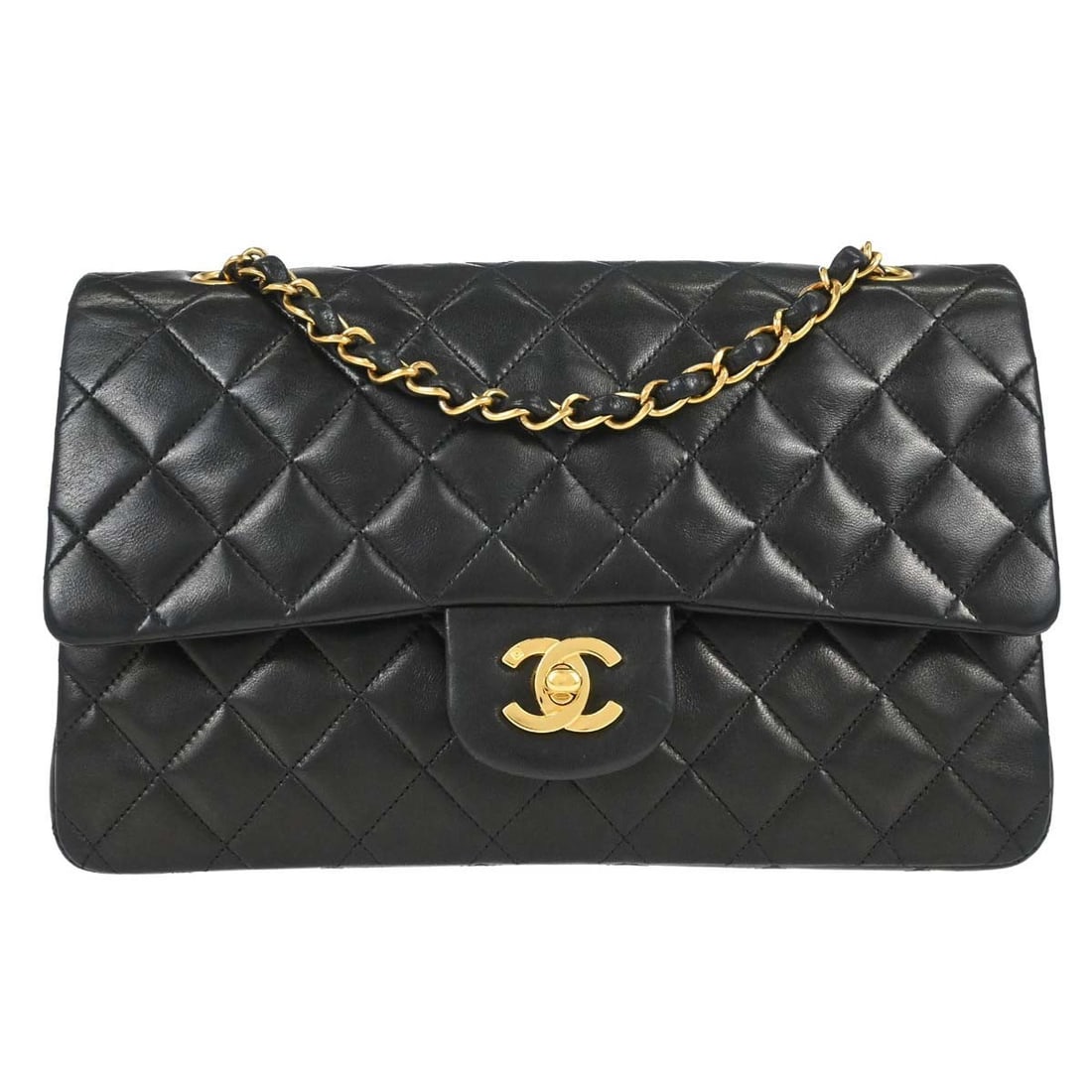 CHANEL Classic Double Flap Medium Shoulder Bag Black Lambskin: CHANEL Classic Double Flap Medium Shoulder Bag Black Lambskin Chanel Medium Classic Double Flap shoulder bag in black lambskin leather with a turn-lock closure and shoulder strap. This women's bag fea
