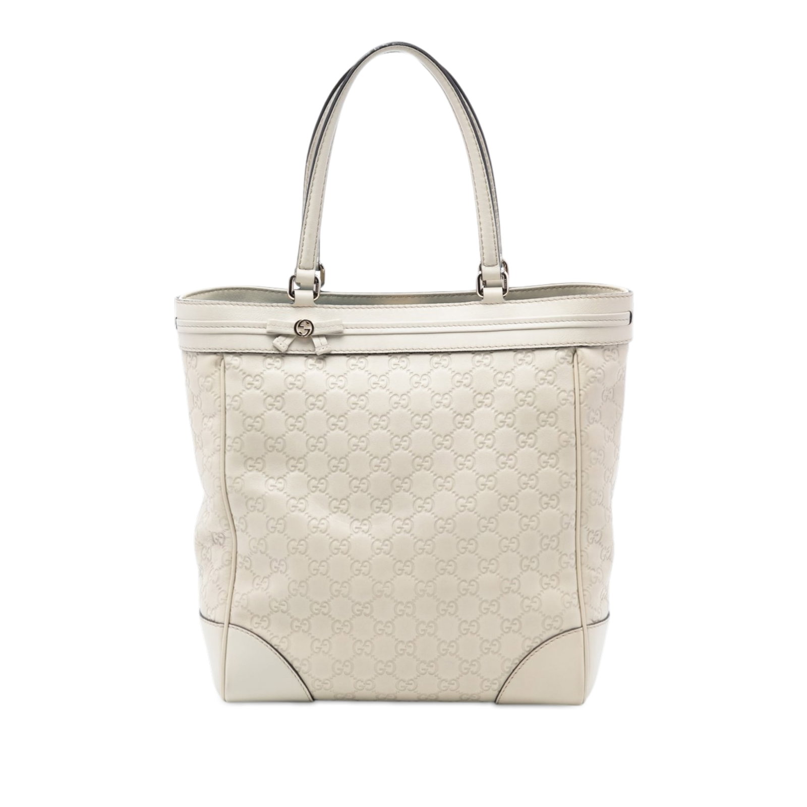 Gucci Mayfair White Leather Tote with Embossed Design and Ribbon Accent: Gucci Mayfair White Leather Tote with Embossed Design and Ribbon Accent The Mayfair tote bag features an embossed leather exterior, flat leather straps, and a ribbon detail at the top panel. It is des