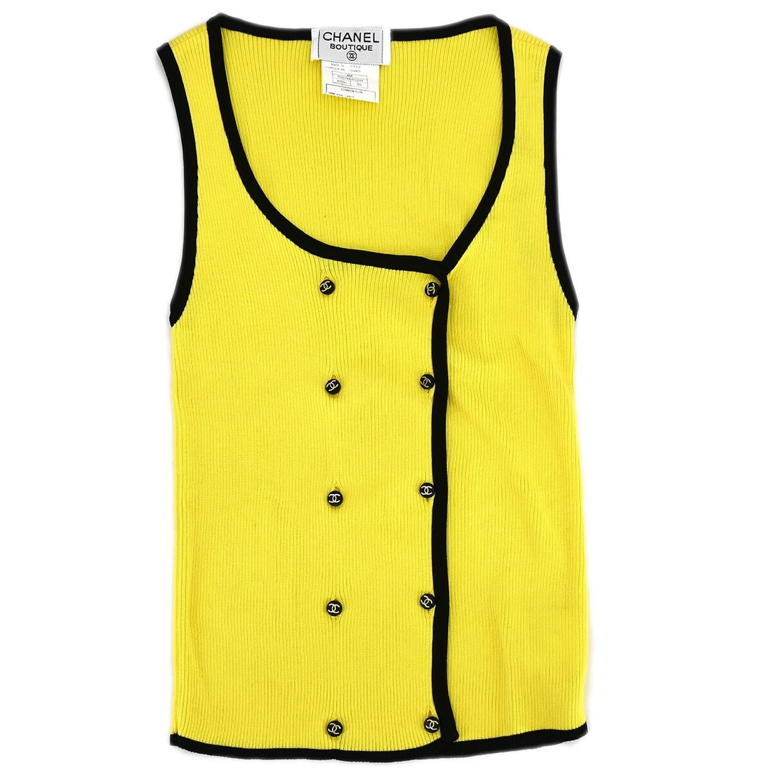 CHANEL 95P Yellow Cotton Tank Top Size 38: CHANEL 95P Yellow Cotton Tank Top Size 38 Chanel sleeveless top in yellow cotton with a round neckline and regular fit. This women's tank-style top features logo button accents and is suited for casua