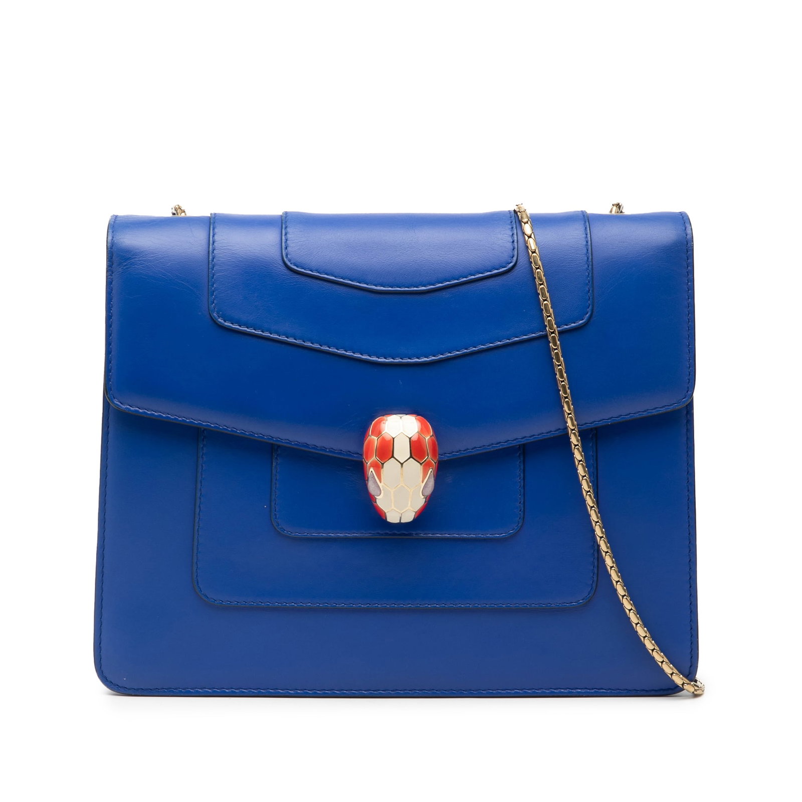 Bvlgari Serpenti Forever Small Blue Leather Square Chain Crossbody Bag: Bvlgari Serpenti Forever Small Blue Leather Square Chain Crossbody Bag This Bvlgari Small Serpenti Forever crossbody bag features a leather body in blue, a chain shoulder strap, and a front flap with 