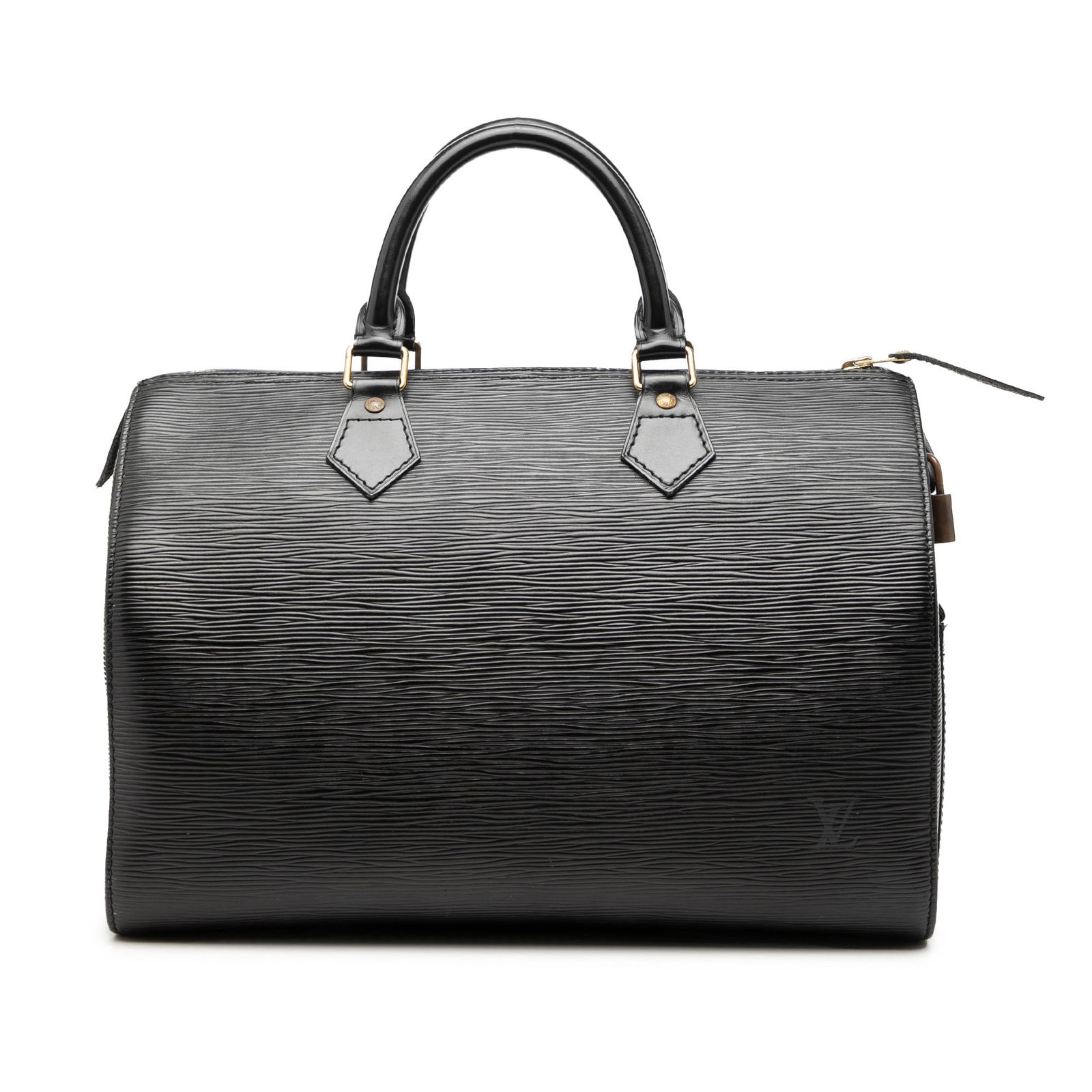 Black Epi Leather Handbag Louis Vuitton Speedy 30: Black Epi Leather Handbag Louis Vuitton Speedy 30 Louis Vuitton Epi Speedy 30 handbag in black Epi leather with rolled leather handles, a top zip closure, and an interior slip pocket. Made in France. 