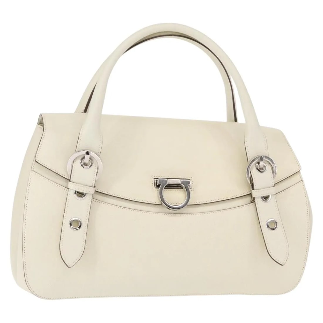 White Leather Shoulder Bag Salvatore Ferragamo Gancini: White Leather Shoulder Bag Salvatore Ferragamo Gancini This Salvatore Ferragamo Gancini shoulder bag for women features white leather construction with a clean, pre-owned condition. It shows minor sig