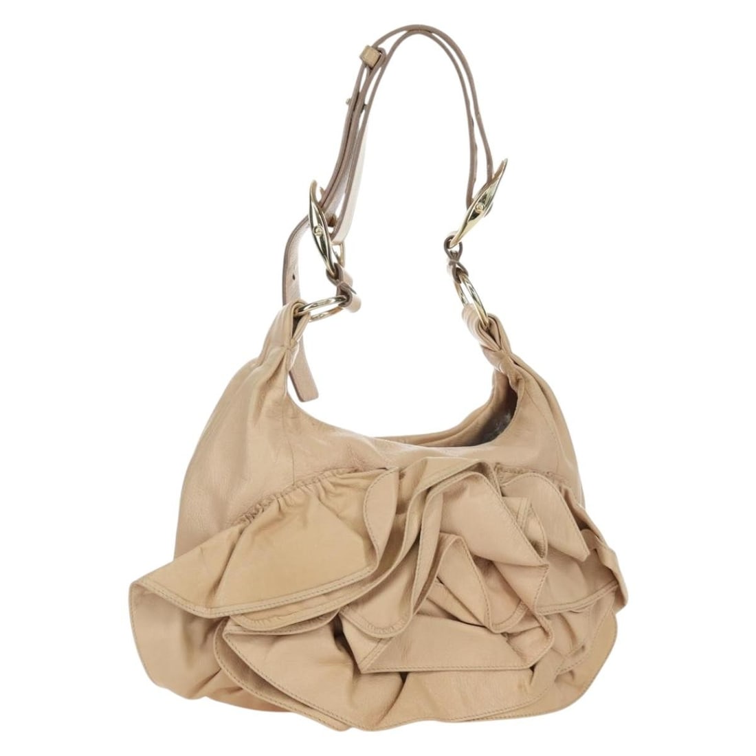 SAINT LAURENT Beige Leather Shoulder Bag with Dust Bag 172811V: SAINT LAURENT Beige Leather Shoulder Bag with Dust Bag 172811V Saint Laurent shoulder bag in beige and gold leather with a slim profile and adjustable shoulder strap. Includes a dust bag. Condition is
