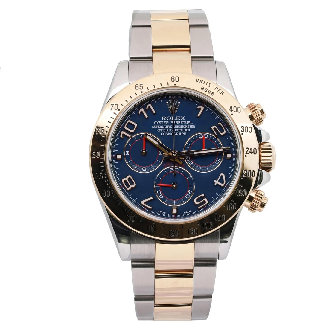 Rolex Daytona 116523 Blue Dial Steel Yellow Gold Watch: Rolex Daytona 116523 Blue Dial Steel Yellow Gold Watch This Rolex Cosmograph Daytona wristwatch features a striking blue racing dial with Arabic numeral indices and luminous hands. Crafted from stainl