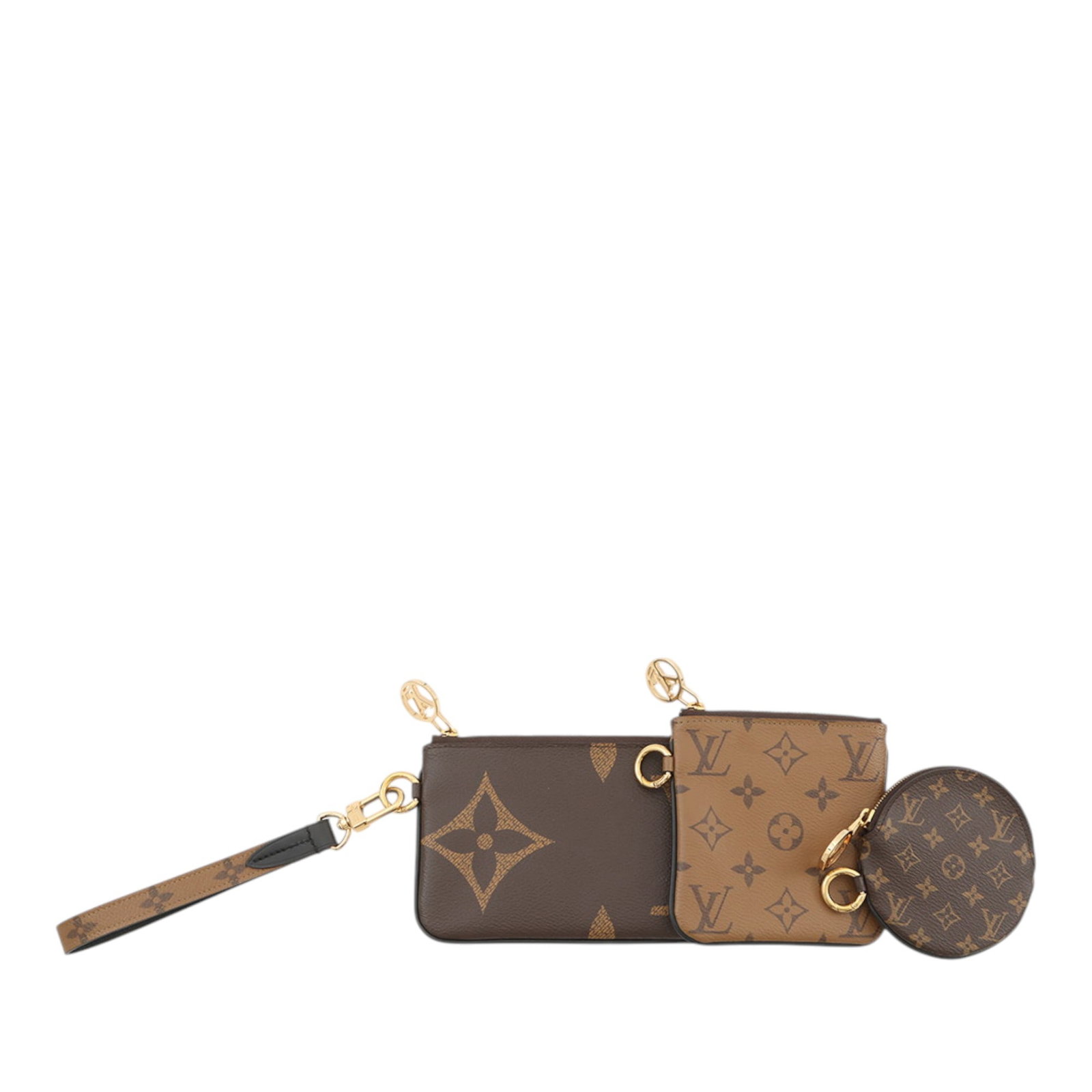 Louis Vuitton Trio Pouch Set in Reverse Giant Monogram Canvas: Louis Vuitton Trio Pouch Set in Reverse Giant Monogram Canvas Louis Vuitton Monogram Reverse Giant Trio Pouch Set in brown monogram canvas. This small leather goods piece features a monogram canvas bo