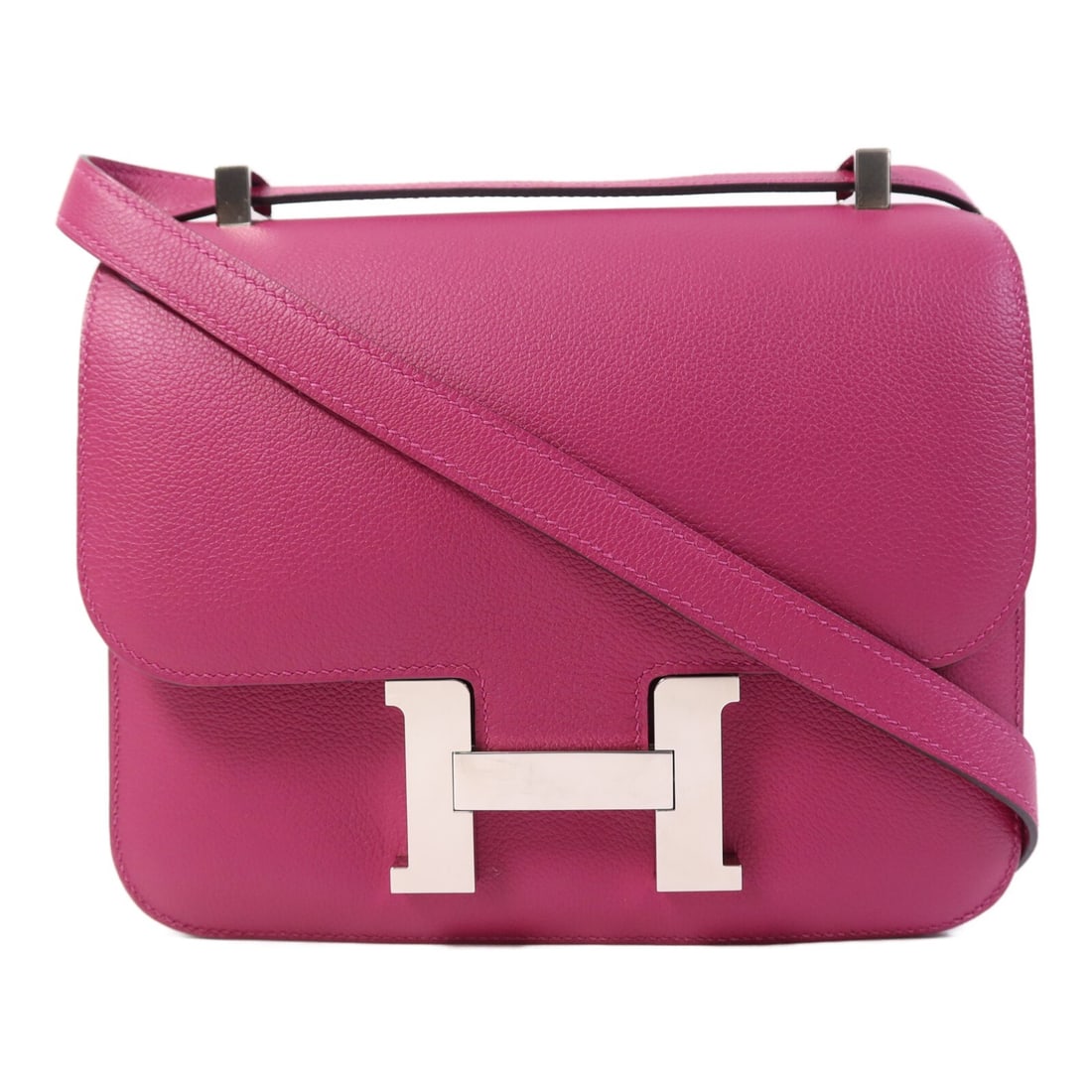 Hermes Constance 24 Evercolor Leather Purple Shoulder Bag with Palladium Hardware: Hermes Constance 24 Evercolor Leather Purple Shoulder Bag with Palladium Hardware This Hermes Constance 24 shoulder bag is crafted from Evercolor calfskin leather in a sophisticated rose purple shade.