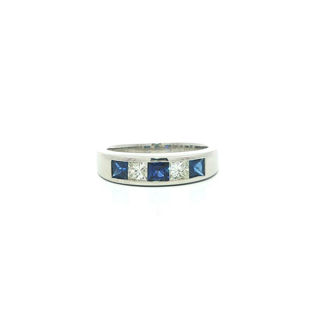 Unbranded Platinum 5 Stone Band Ring with Sapphires and Diamonds: Unbranded Platinum 5 Stone Band Ring with Sapphires and Diamonds Pre-owned women's band ring crafted in solid .900 platinum with an alternating 5-stone channel-set design featuring natural genuine sap