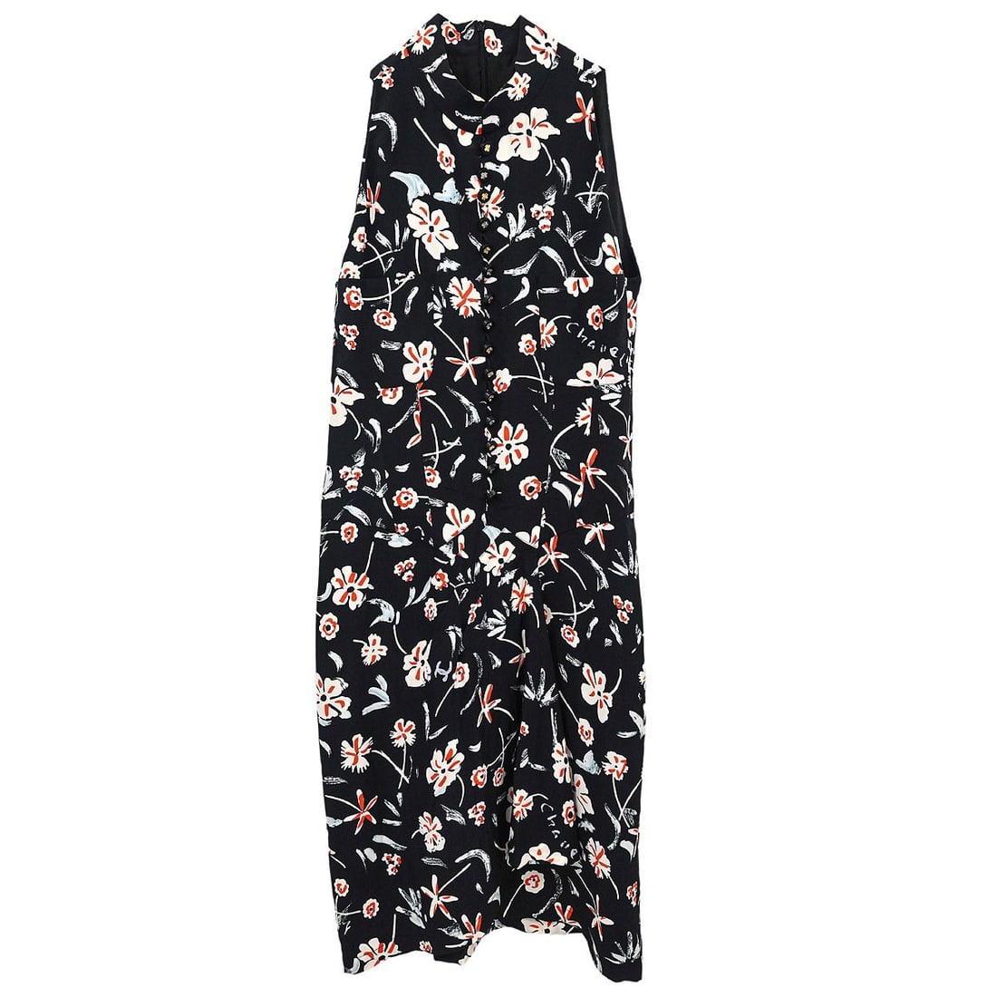 CHANEL 97P black silk collared fit and flare dress size 38: CHANEL 97P black silk collared fit and flare dress size 38 Chanel sleeveless knee-length dress in black silk with a collared neckline, fit-and-flare silhouette, and logo accents. Made in France, this 
