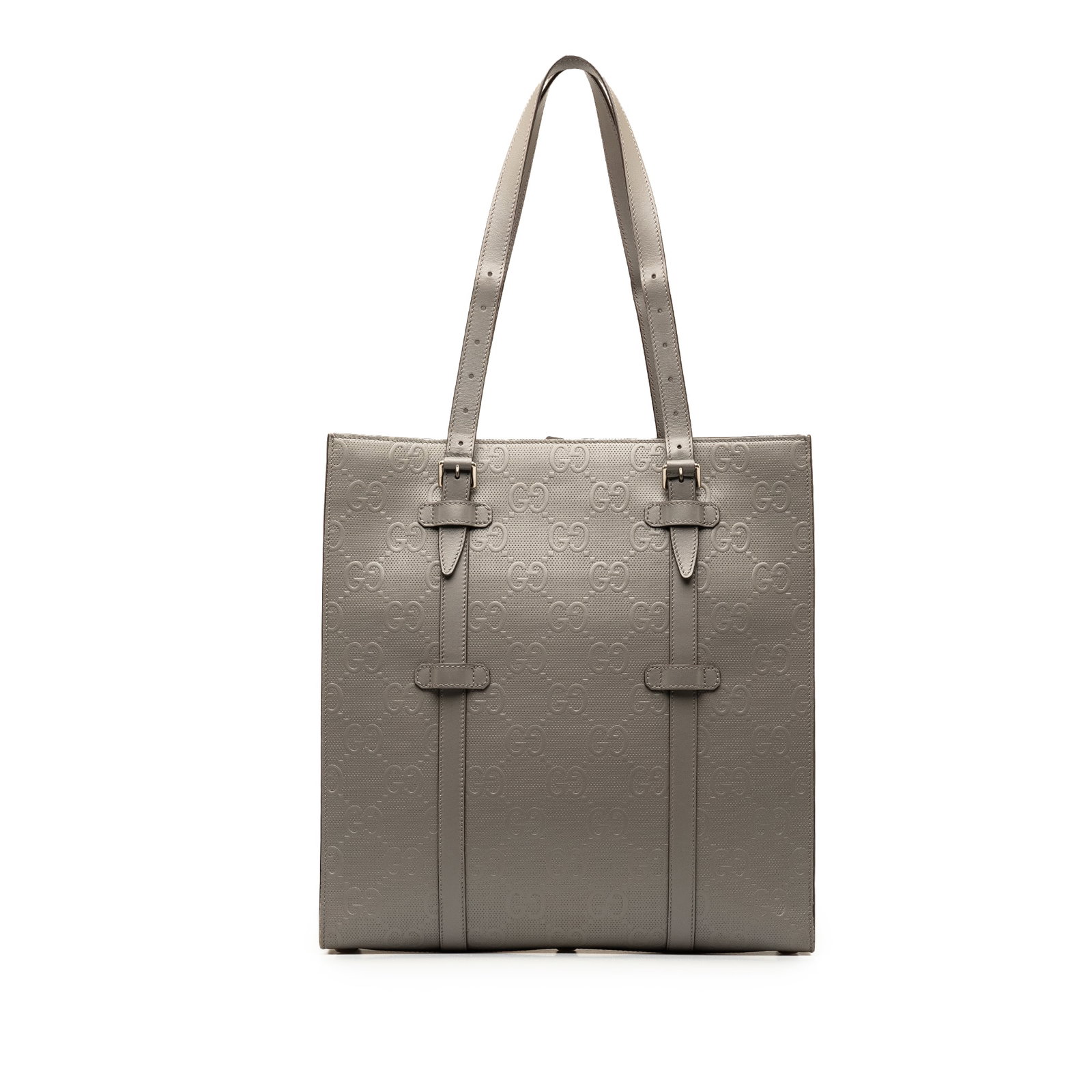 Gucci GG Embossed Leather Gray Vertical Tote Bag: Gucci GG Embossed Leather Gray Vertical Tote Bag This Gucci GG Embossed Leather Vertical Tote is a stunning accessory crafted in Italy. It features a luxurious embossed leather body in a sophisticated